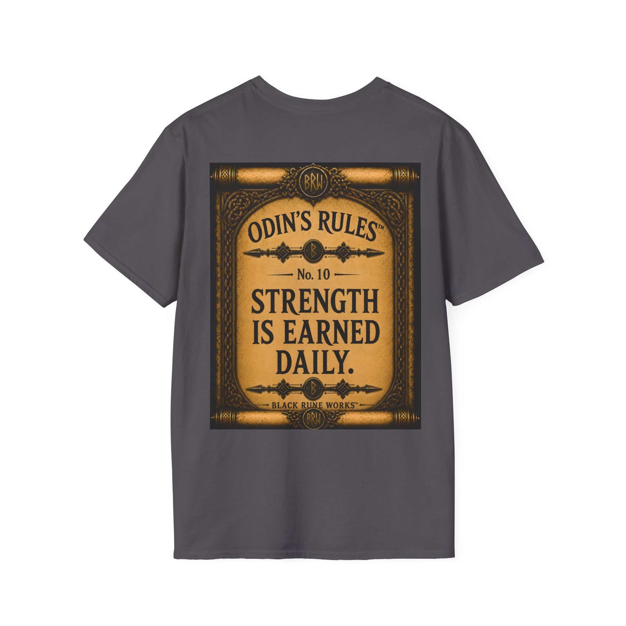 ODIN'S RULES™ No. 10 | Strength Is Earned Daily | Viking Scroll Graphic T-Shirt | Black Rune Works