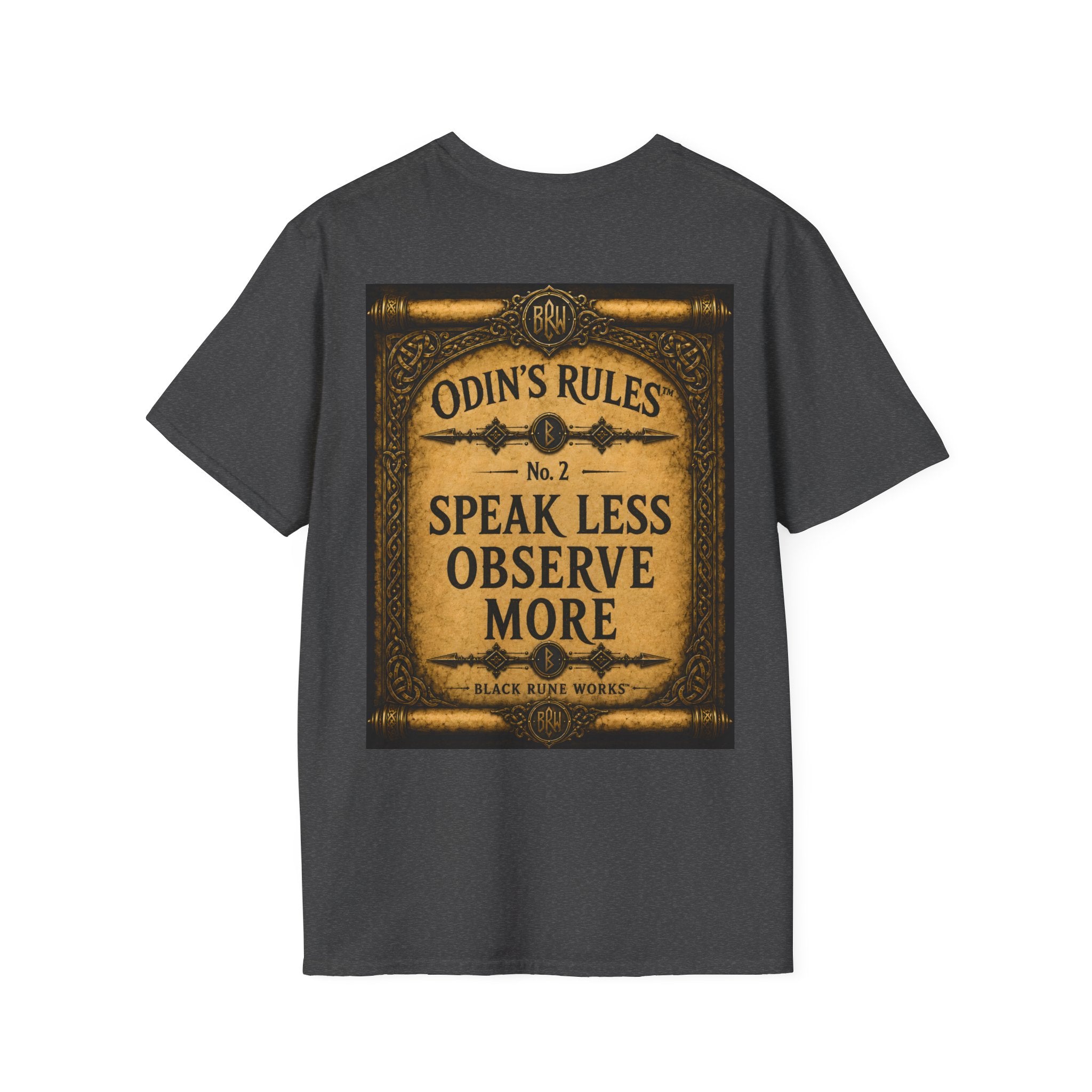 ODIN'S RULES™ No. 2 | Speak Less Observe More | Viking Scroll Graphic T-Shirt | Black Rune Works | Viking Scroll Graphic T-Shirt | Black Rune Works