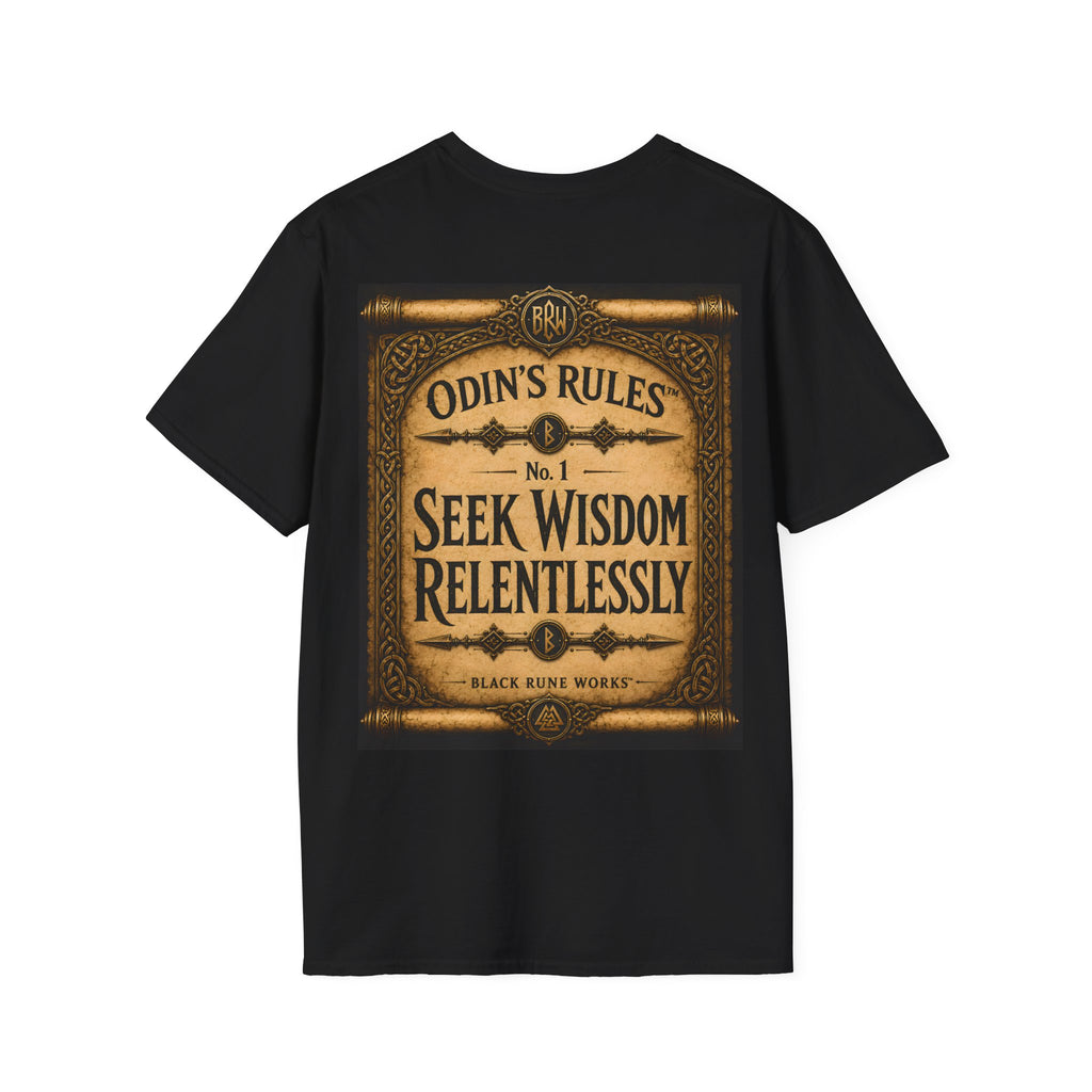 ODIN'S RULES™ No. 1 | Seek Wisdom Relentlessly | Viking Scroll Graphic T-Shirt | Black Rune Works
