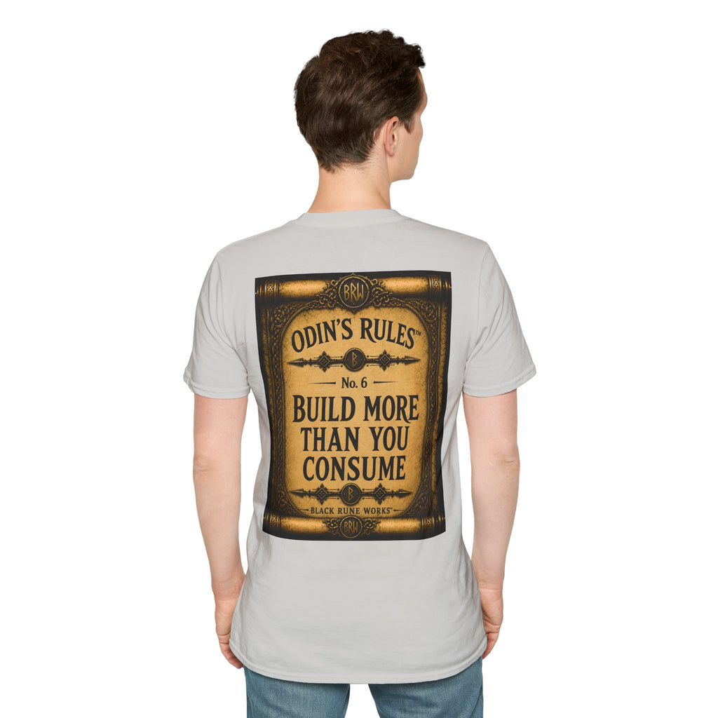 ODIN'S RULES™ No. 6 | Build More Than You Consume | Viking Scroll Graphic T-Shirt | Black Rune Works