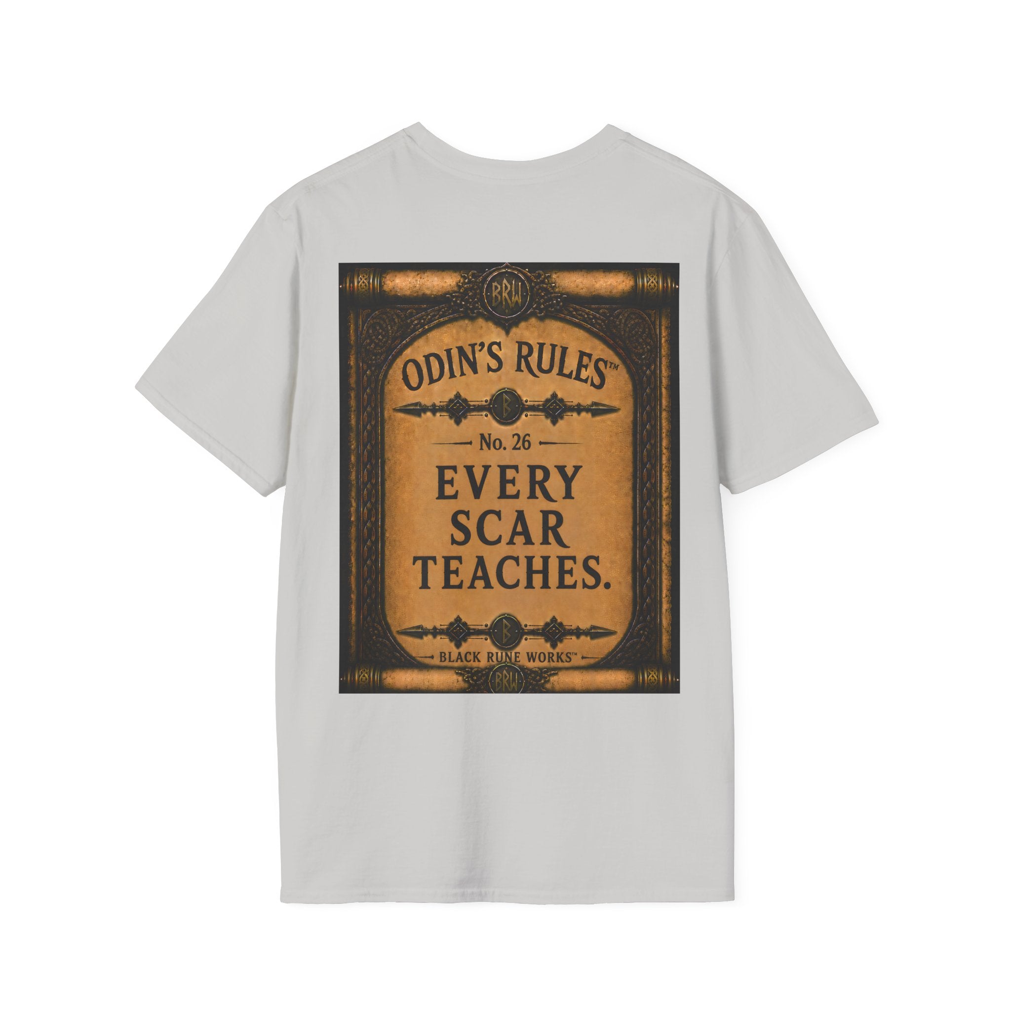 ODIN'S RULES™ No. 26 | Every Scar Teaches | Viking Scroll Graphic T-Shirt | Black Rune Works