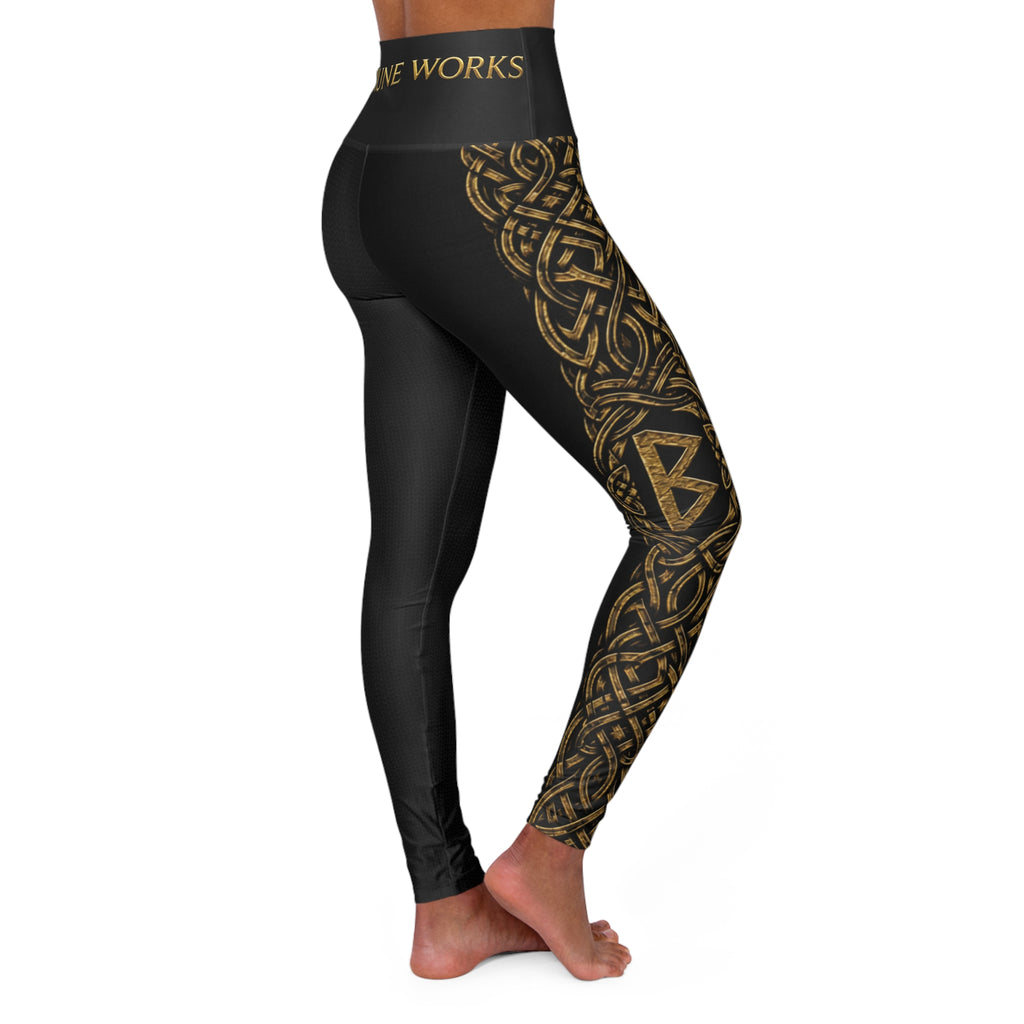 Women’s Bold Celtic Knot Leggings | Black & Gold Nordic Rune Yoga Pants | Black Rune Works