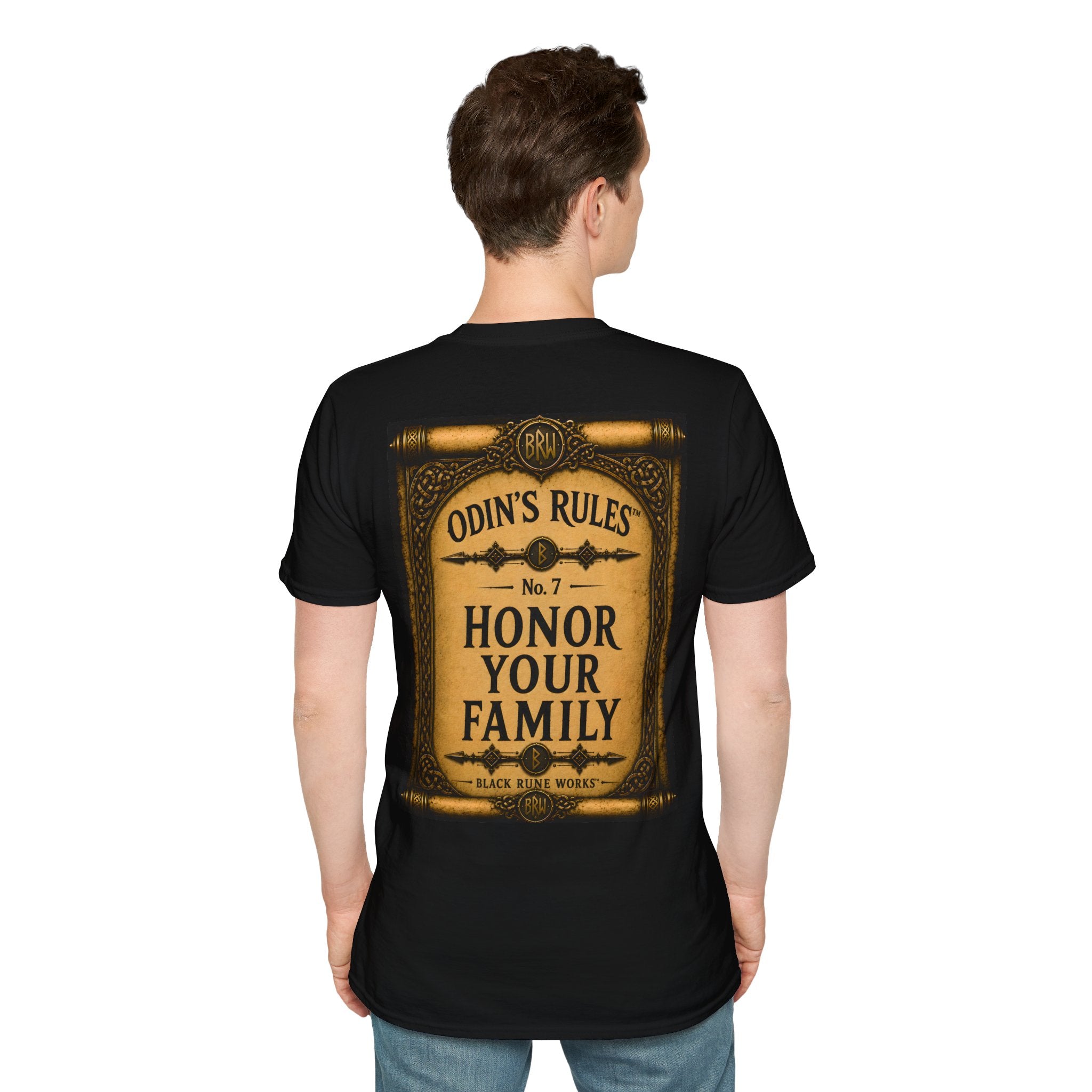 ODIN'S RULES™ No. 7 | Honor Your Family | Viking Scroll Graphic T-Shirt | Black Rune Works