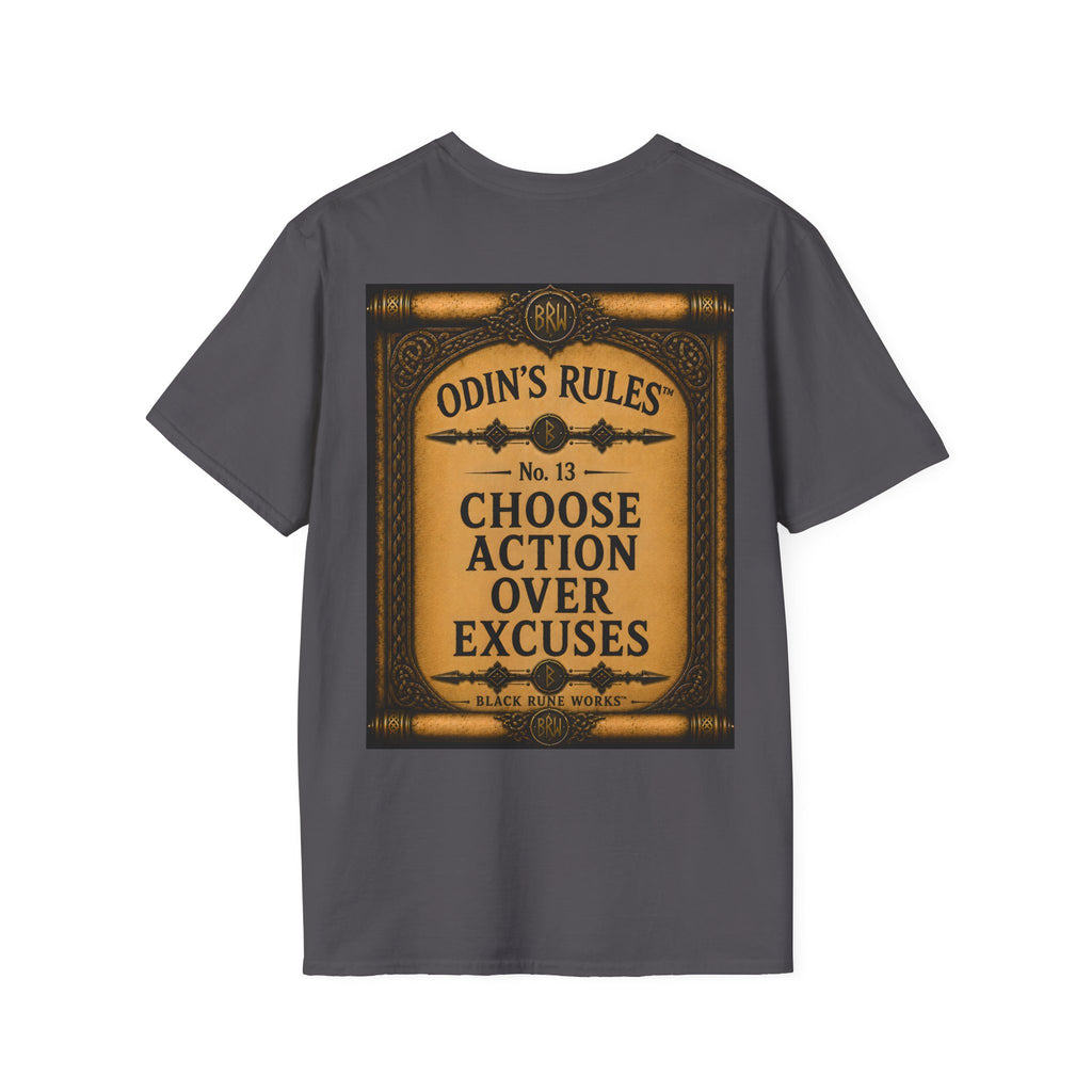 ODIN'S RULES™ No. 13 | Choose Action Over Excuses | Viking Scroll Graphic T-Shirt | Black Rune Works