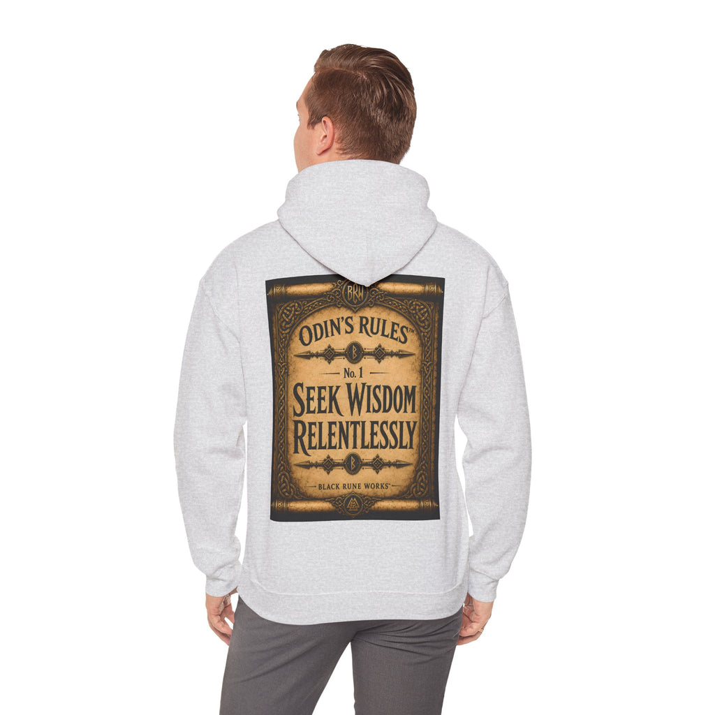 ODIN'S RULES™ No. 1 | Seek Wisdom Relentlessly | Viking Scroll Graphic Hoodie | Black Rune Works