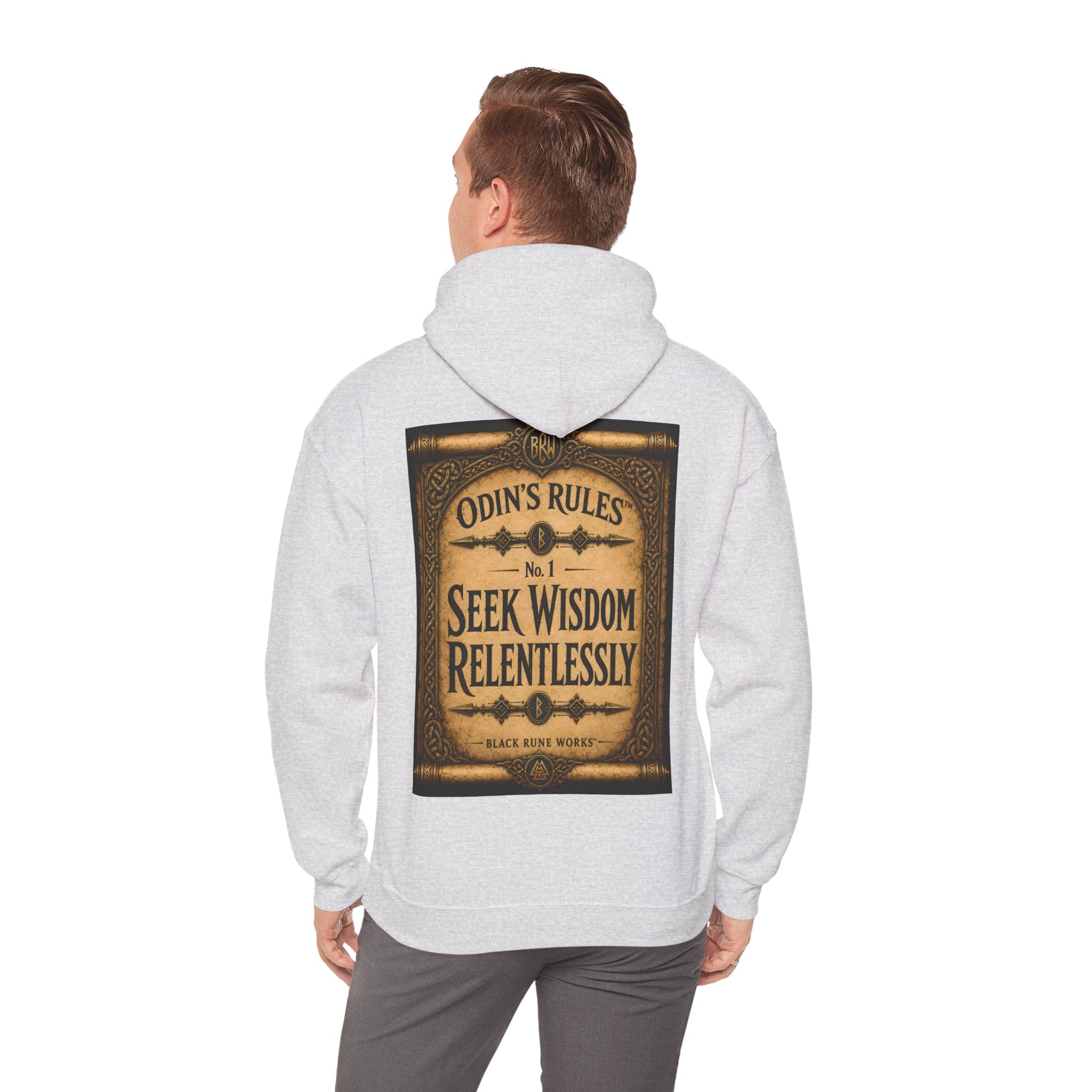 ODIN'S RULES™ No. 1 | Seek Wisdom Relentlessly | Viking Scroll Graphic Hoodie | Black Rune Works