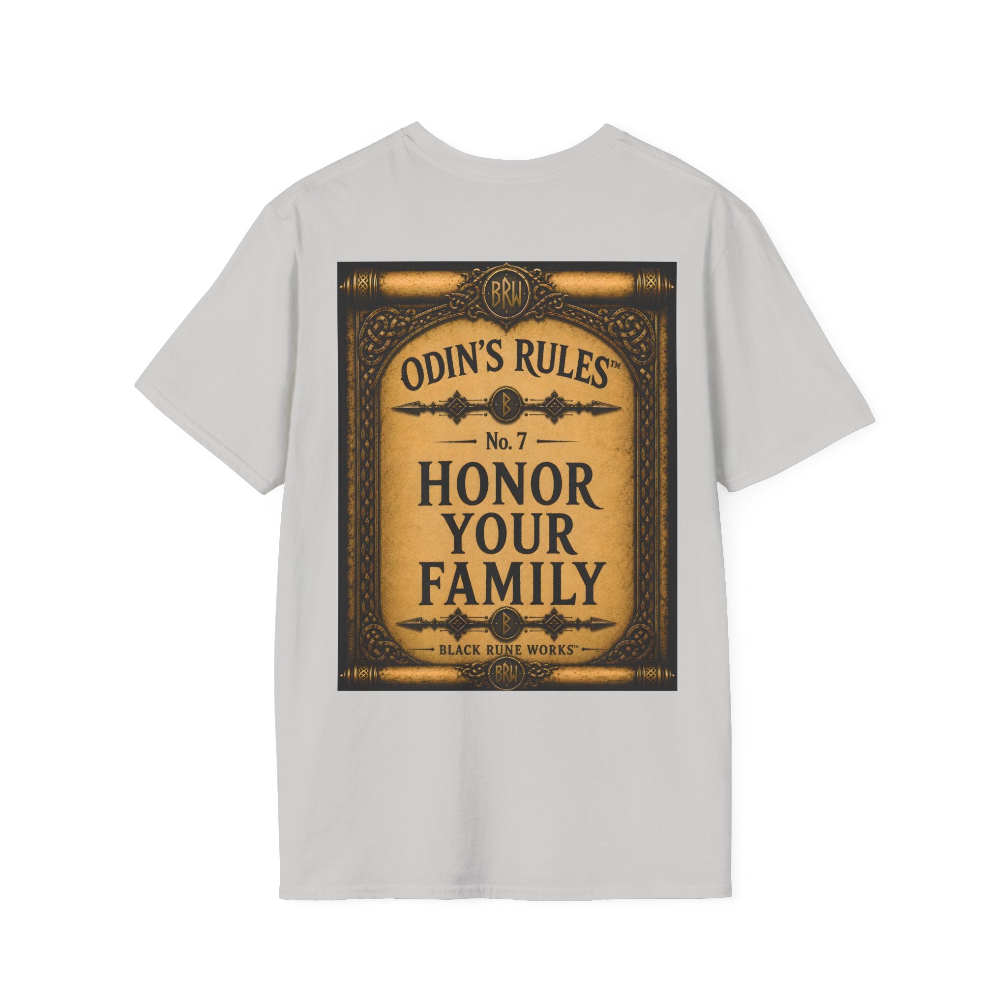 ODIN'S RULES™ No. 7 | Honor Your Family | Viking Scroll Graphic T-Shirt | Black Rune Works