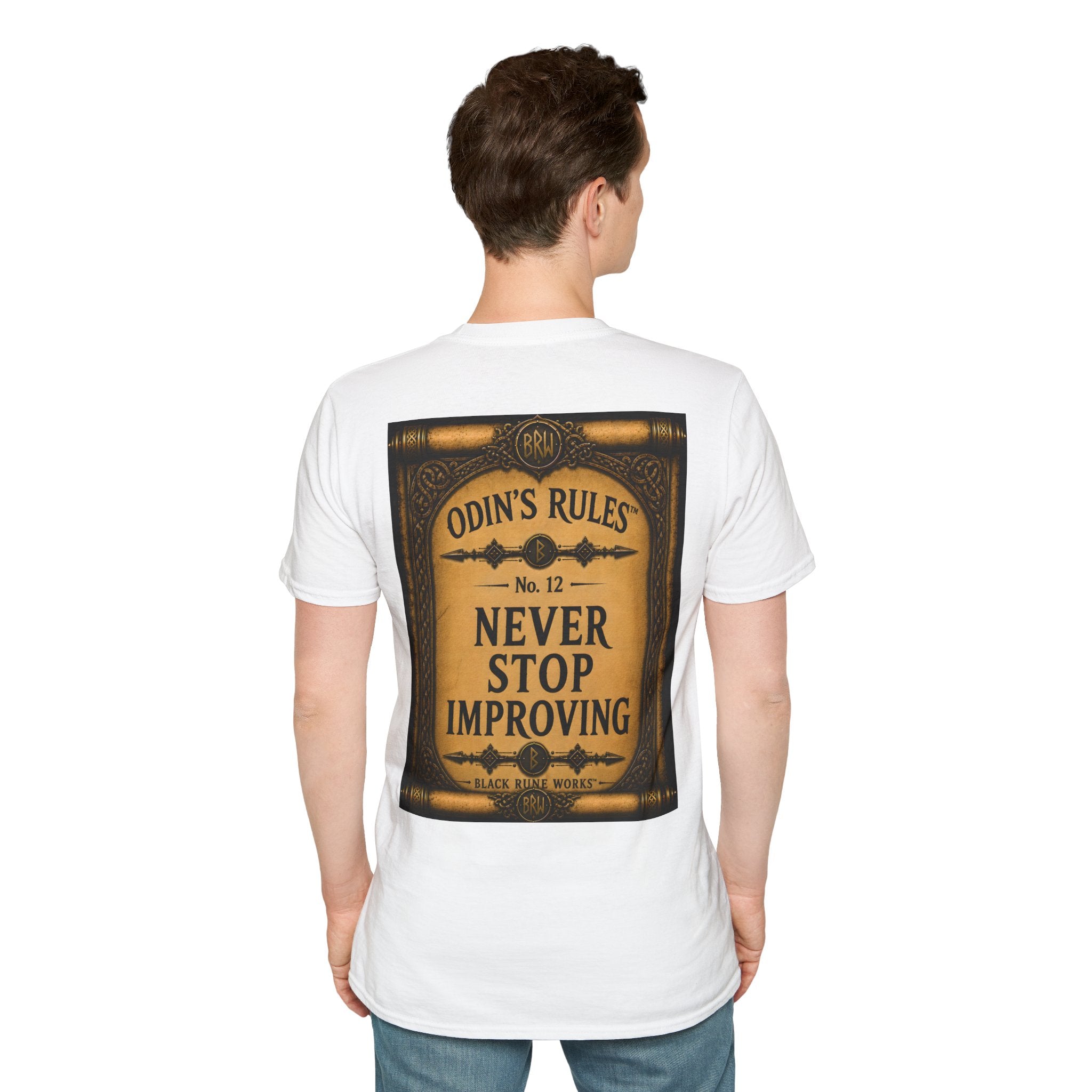 ODIN'S RULES™ No. 12 | Never Stop Improving | Viking Scroll Graphic T-Shirt | Black Rune Works