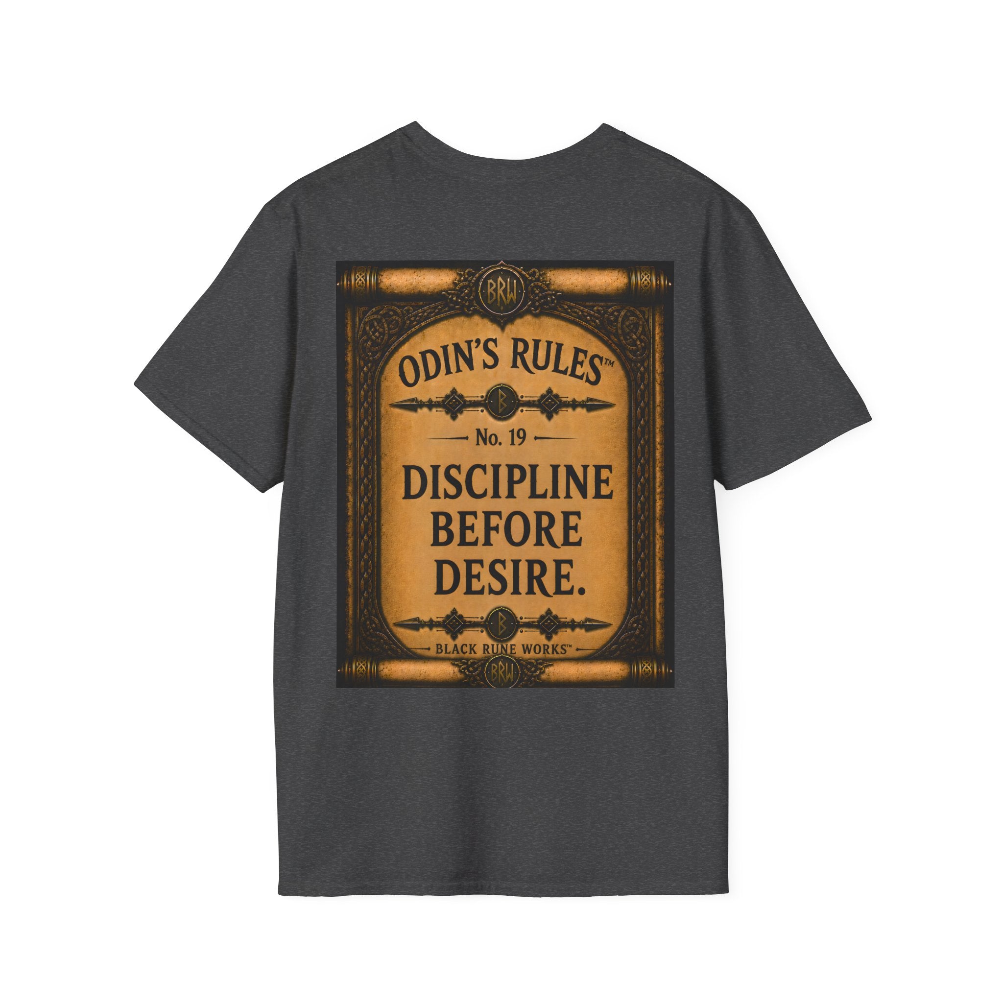 ODIN'S RULES™ No. 19 | Discipline Before Desire | Viking Scroll Graphic T-Shirt | Black Rune Works