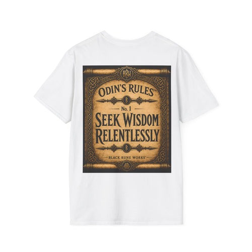 ODIN'S RULES™ No. 1 | Seek Wisdom Relentlessly | Viking Scroll Graphic T-Shirt | Black Rune Works