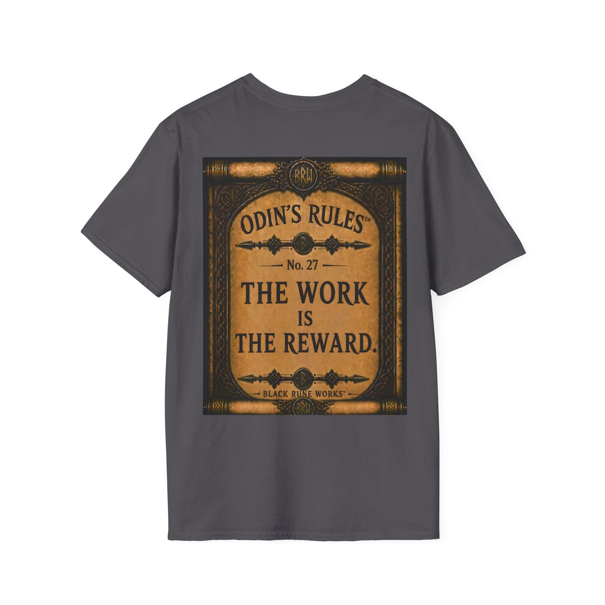 ODIN'S RULES™ No. 27 | The Work Is The Reward | Viking Scroll Graphic T-Shirt | Black Rune Works