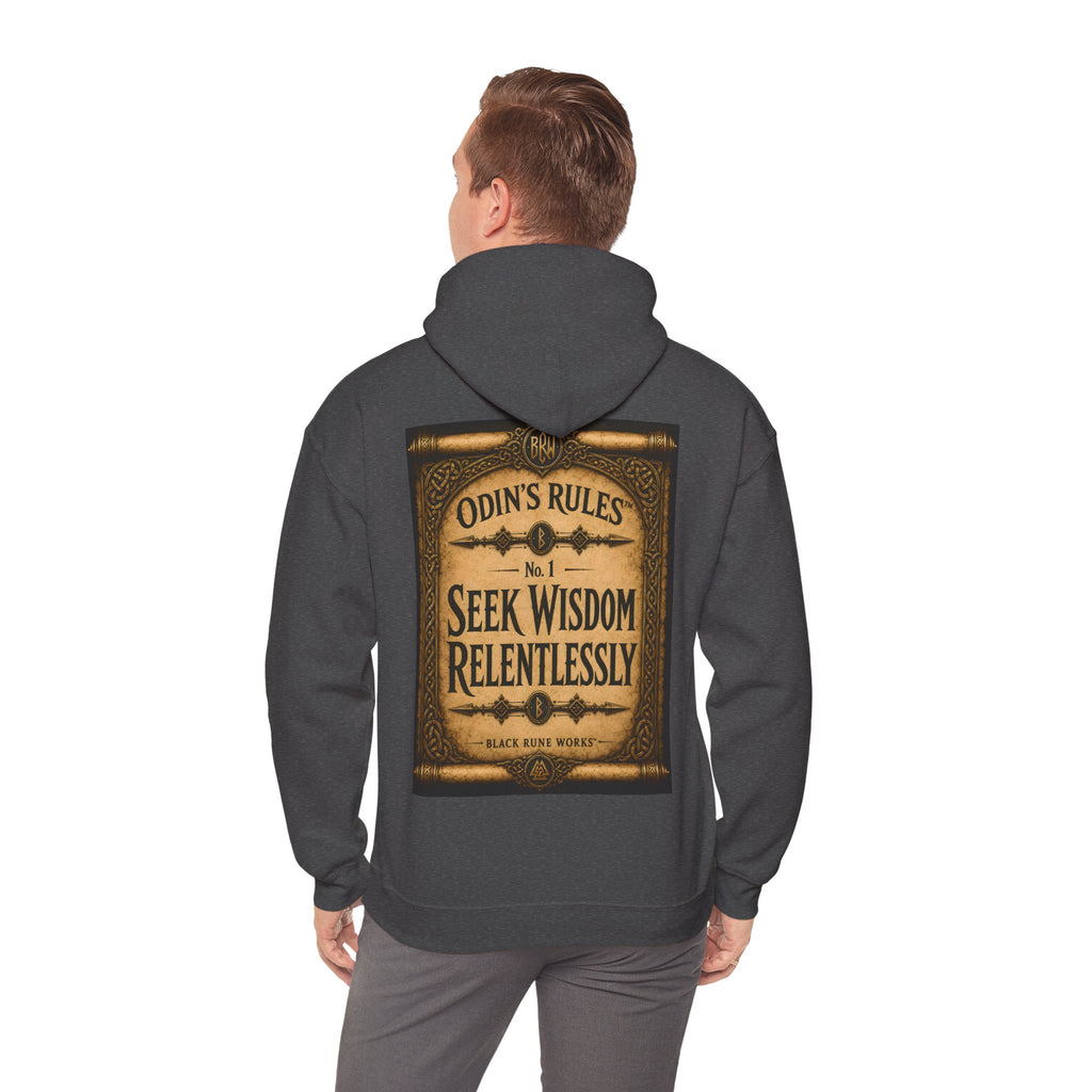 ODIN'S RULES™ No. 1 | Seek Wisdom Relentlessly | Viking Scroll Graphic Hoodie | Black Rune Works