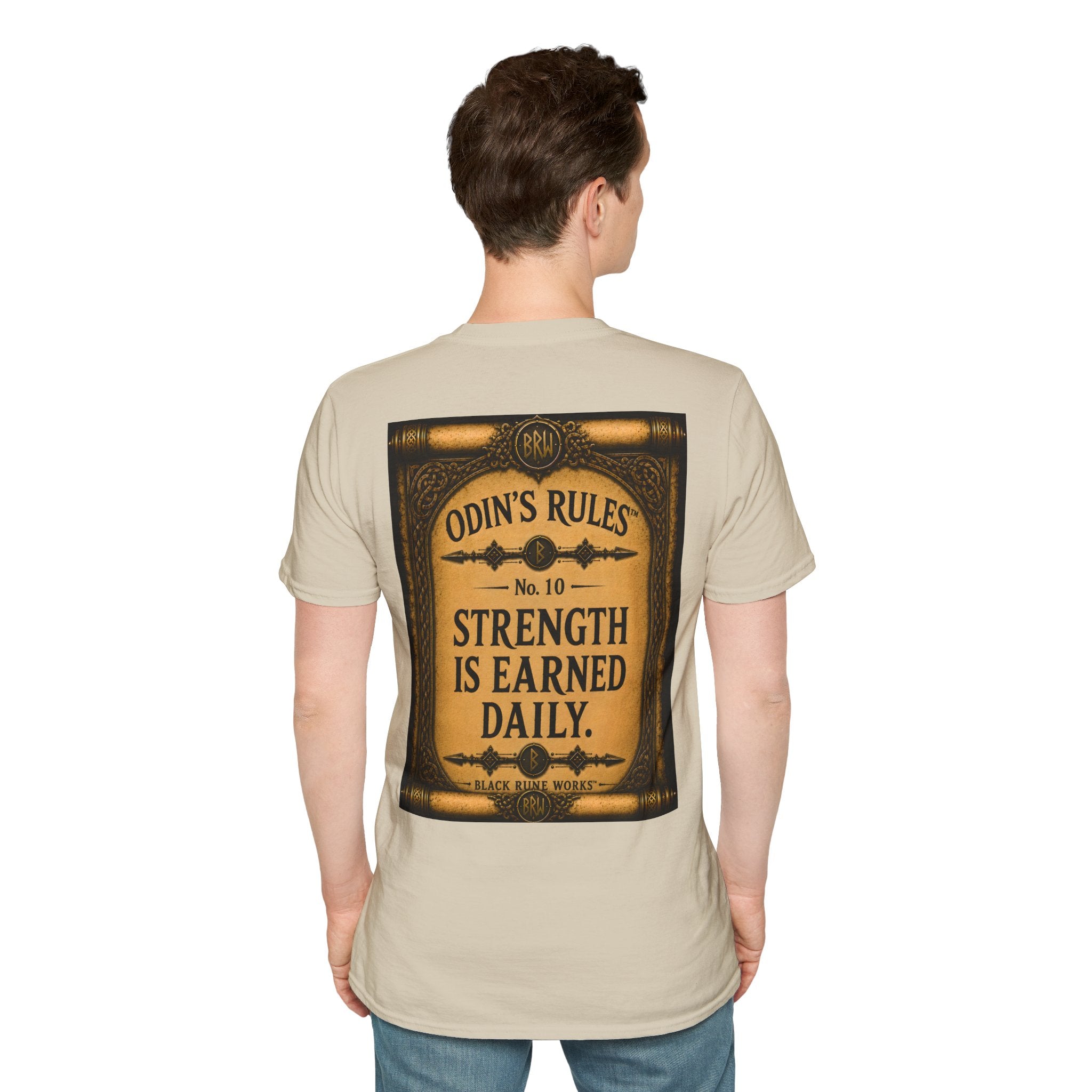 ODIN'S RULES™ No. 10 | Strength Is Earned Daily | Viking Scroll Graphic T-Shirt | Black Rune Works