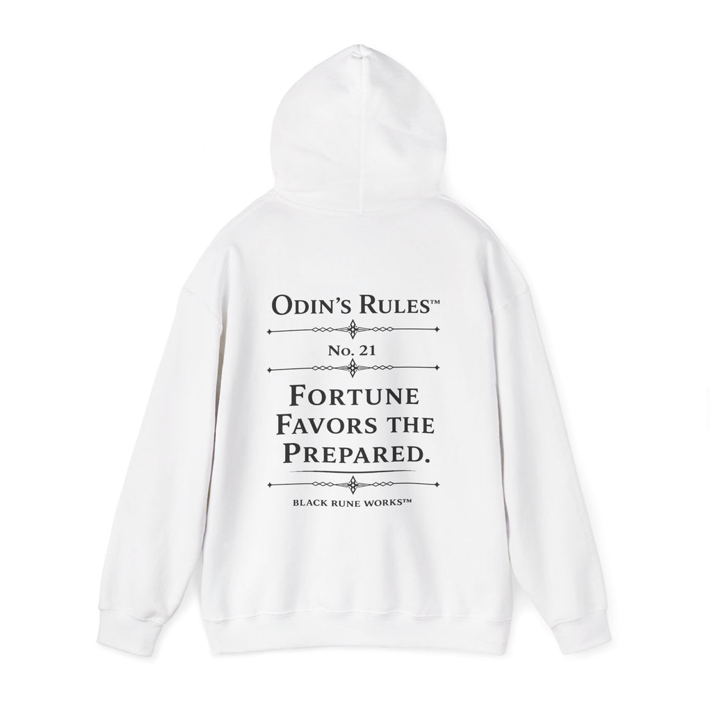 ODIN'S RULES™ Rule #21 | Fortune Favors the Prepared | Viking Norse Warrior Hoodie | Black Rune Works