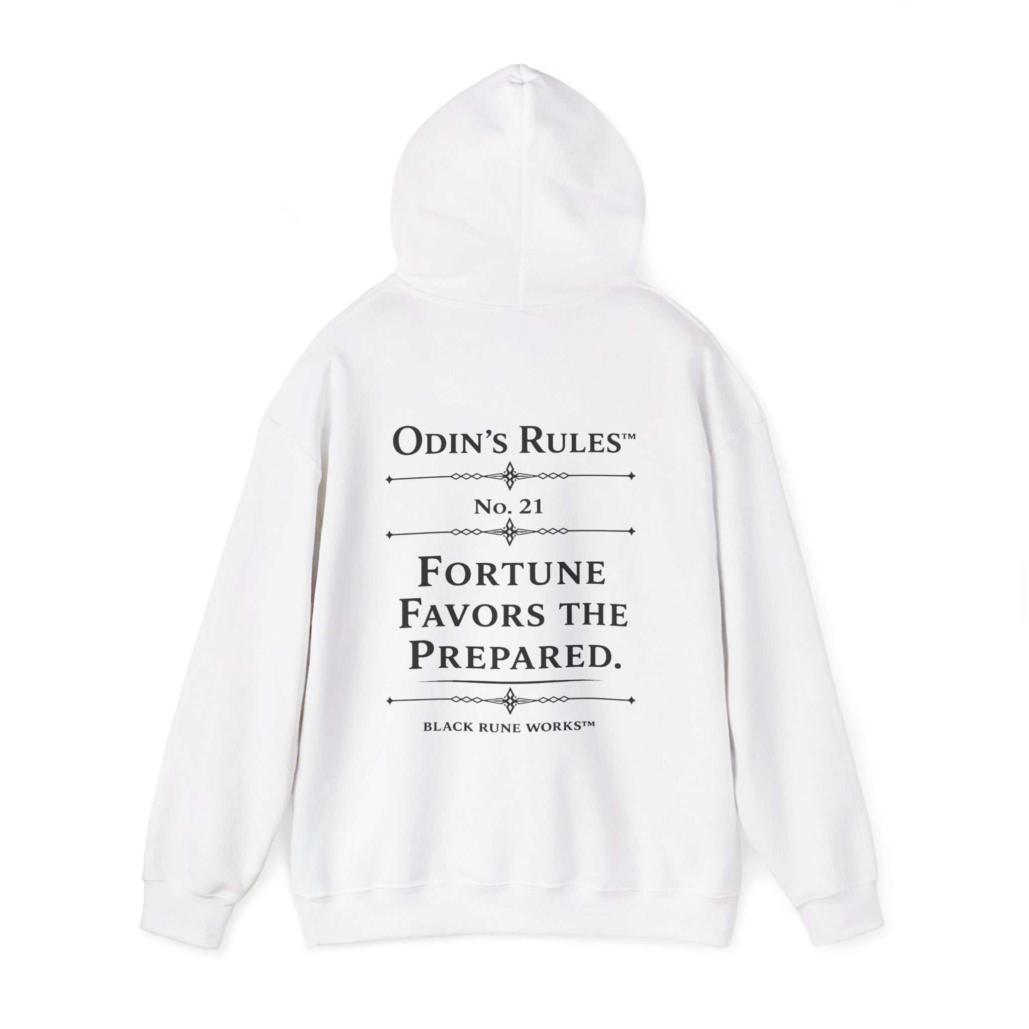 ODIN'S RULES™ Rule #21 | Fortune Favors the Prepared | Viking Norse Warrior Hoodie | Black Rune Works