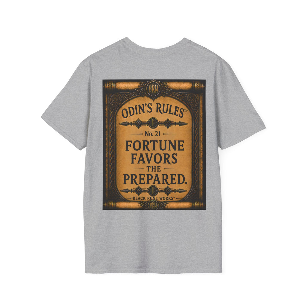 ODIN'S RULES™ No. 21 | Fortune Favors The Prepared | Viking Scroll Graphic T-Shirt | Black Rune Works