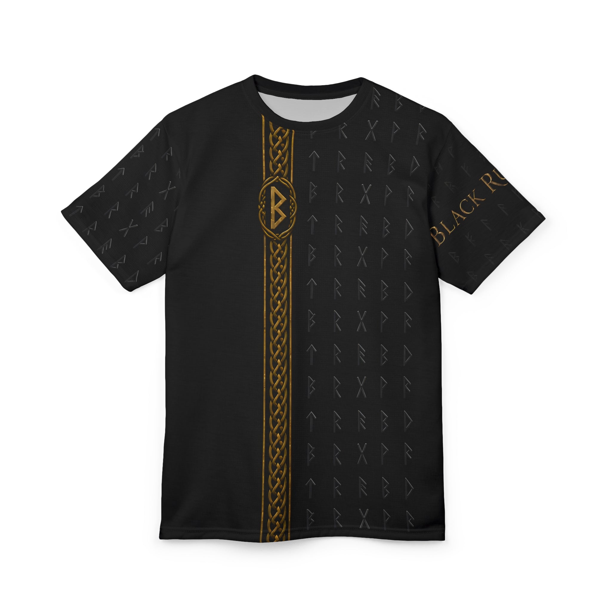 Black Rune Works Nordic Rune T-Shirt | Black & Gold Celtic Knotwork AOP Tee