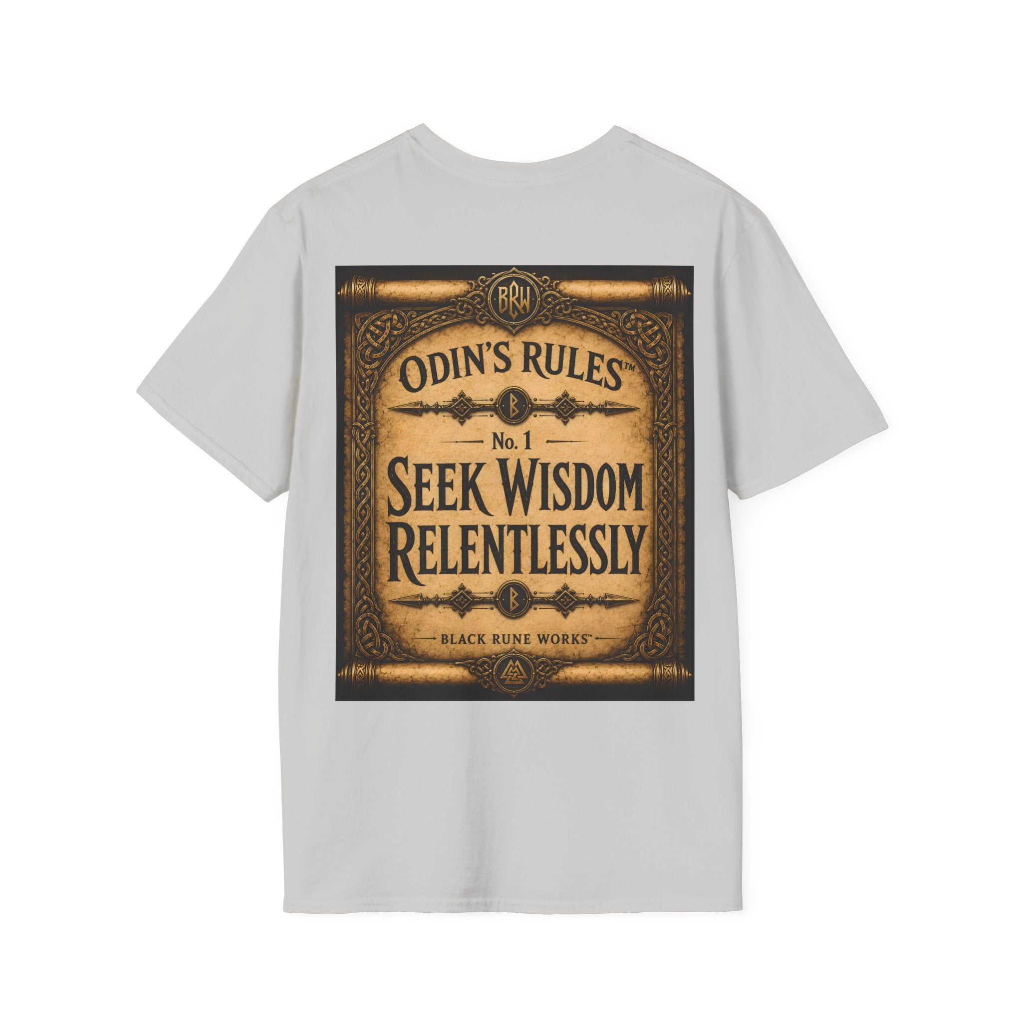 ODIN'S RULES™ No. 1 | Seek Wisdom Relentlessly | Viking Scroll Graphic T-Shirt | Black Rune Works