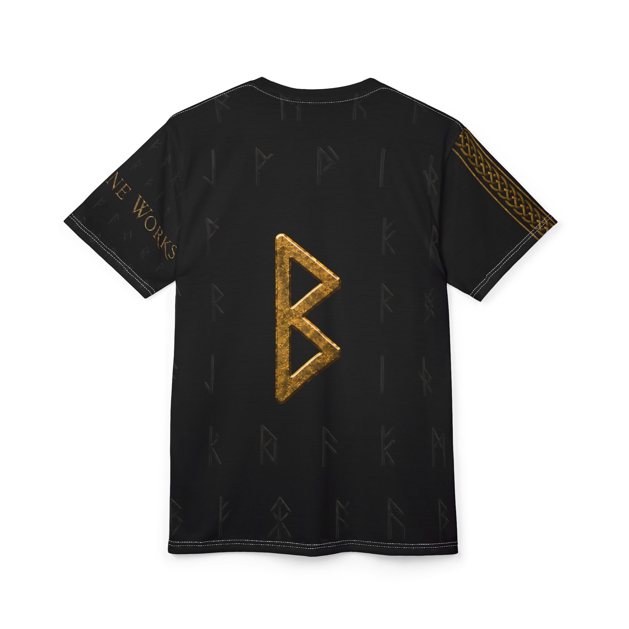 Black Rune Works Nordic Rune T-Shirt | Black & Gold Celtic Knotwork AOP Tee