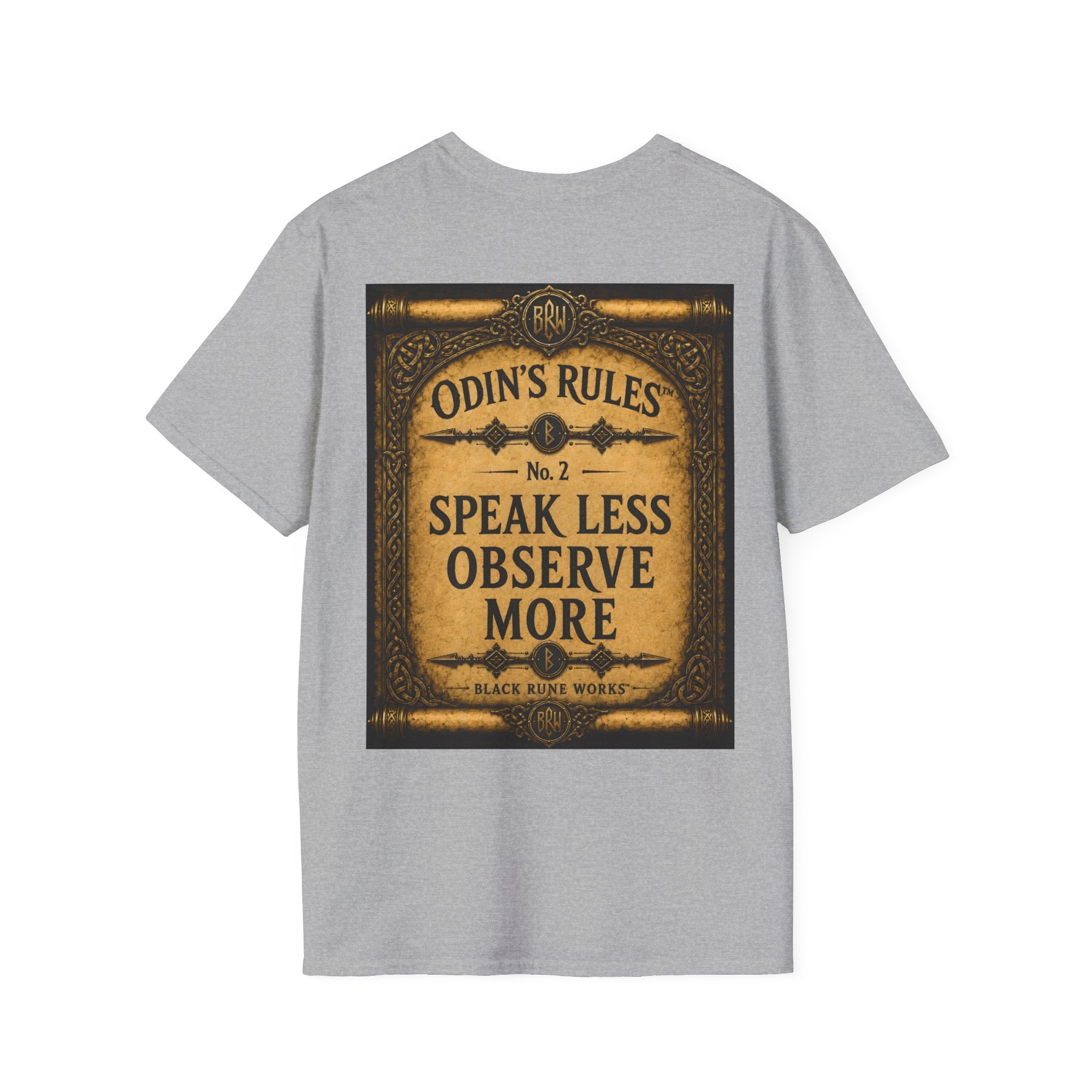 ODIN'S RULES™ No. 2 | Speak Less Observe More | Viking Scroll Graphic T-Shirt | Black Rune Works | Viking Scroll Graphic T-Shirt | Black Rune Works