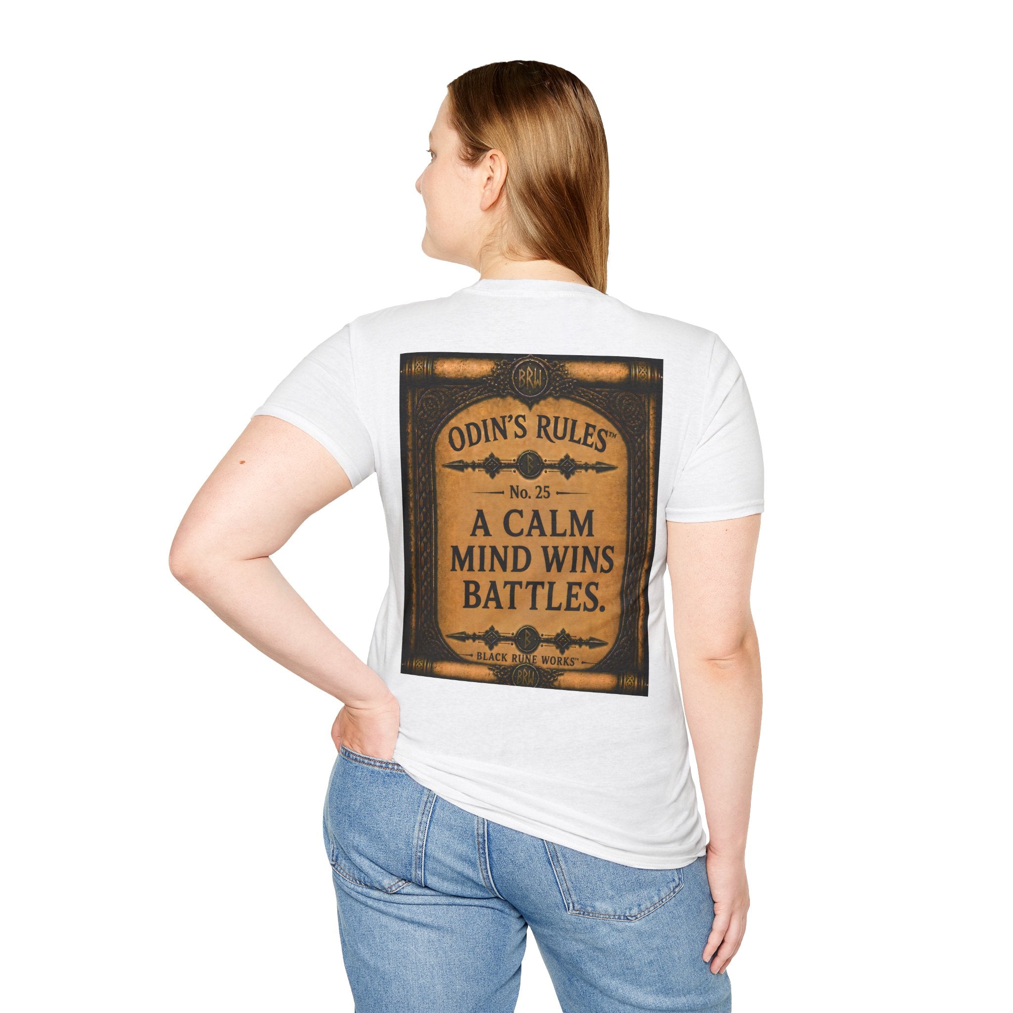 ODIN'S RULES™ No. 25 | A Calm Mind Wins Battles | Viking Scroll Graphic T-Shirt | Black Rune Works