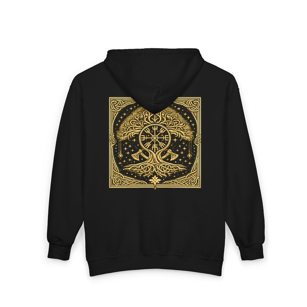 Gold Viking Yggdrasil Tree Zip-Up Hoodie — Norse Mythology Rune Design