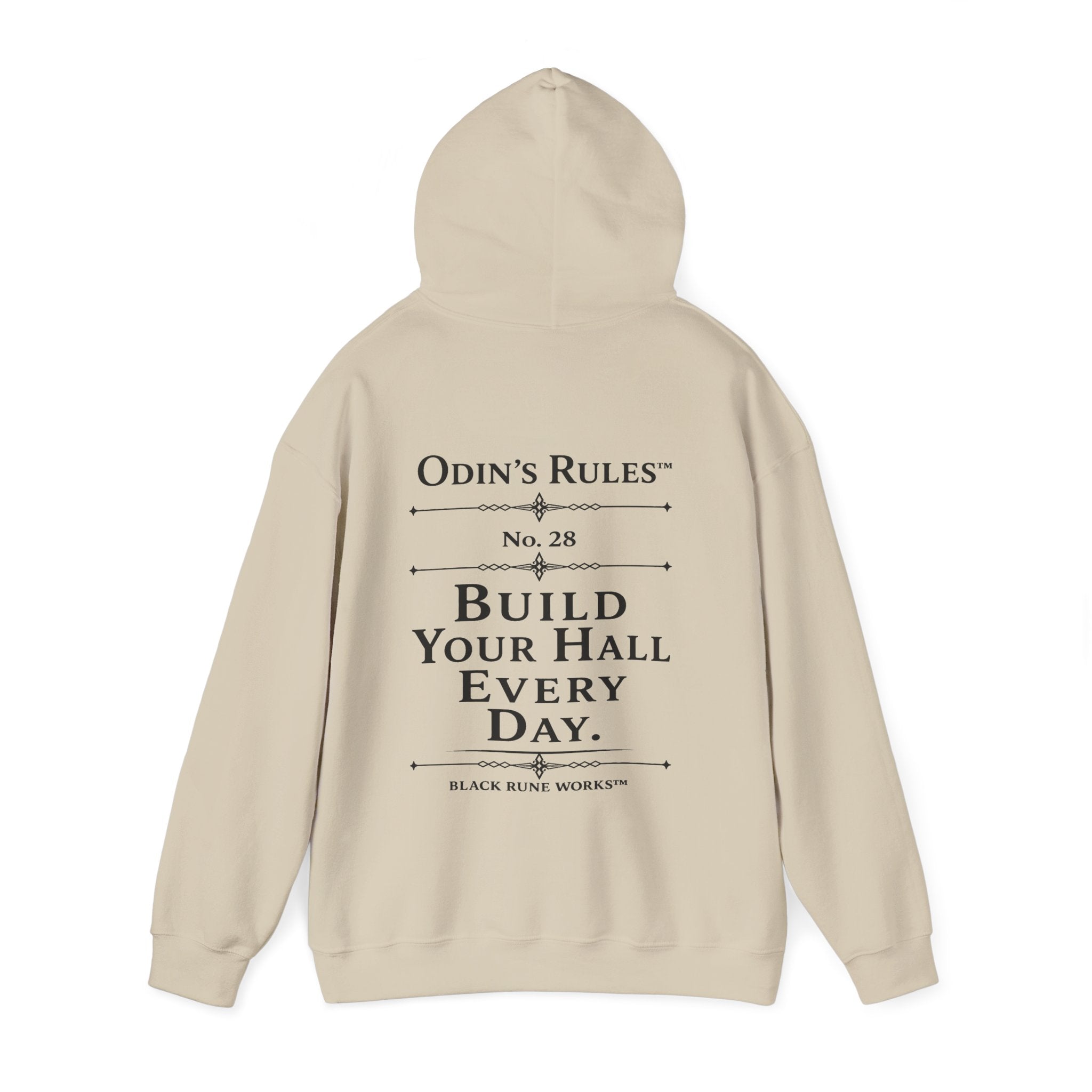 ODIN'S RULES™ Rule #28 | Build Your Hall Every Day | Viking Norse Warrior Hoodie | Black Rune Works