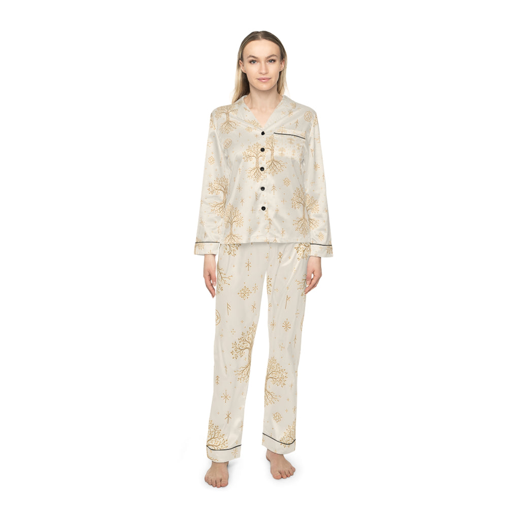Women’s Yggdrasil Satin Pajama Set | Cream & Gold Nordic Tree of Life Sleepwear | Black Rune Works