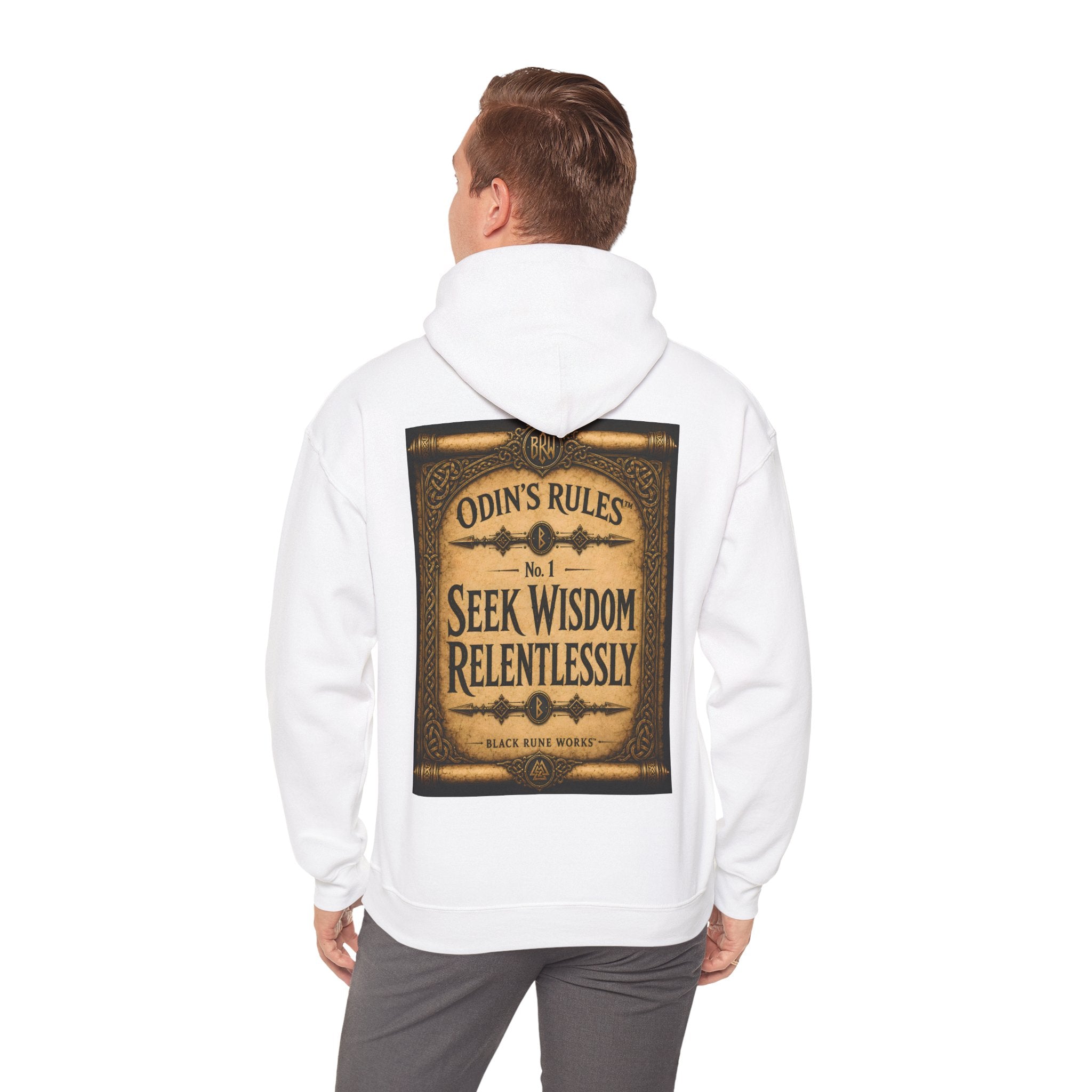 ODIN'S RULES™ No. 1 | Seek Wisdom Relentlessly | Viking Scroll Graphic Hoodie | Black Rune Works