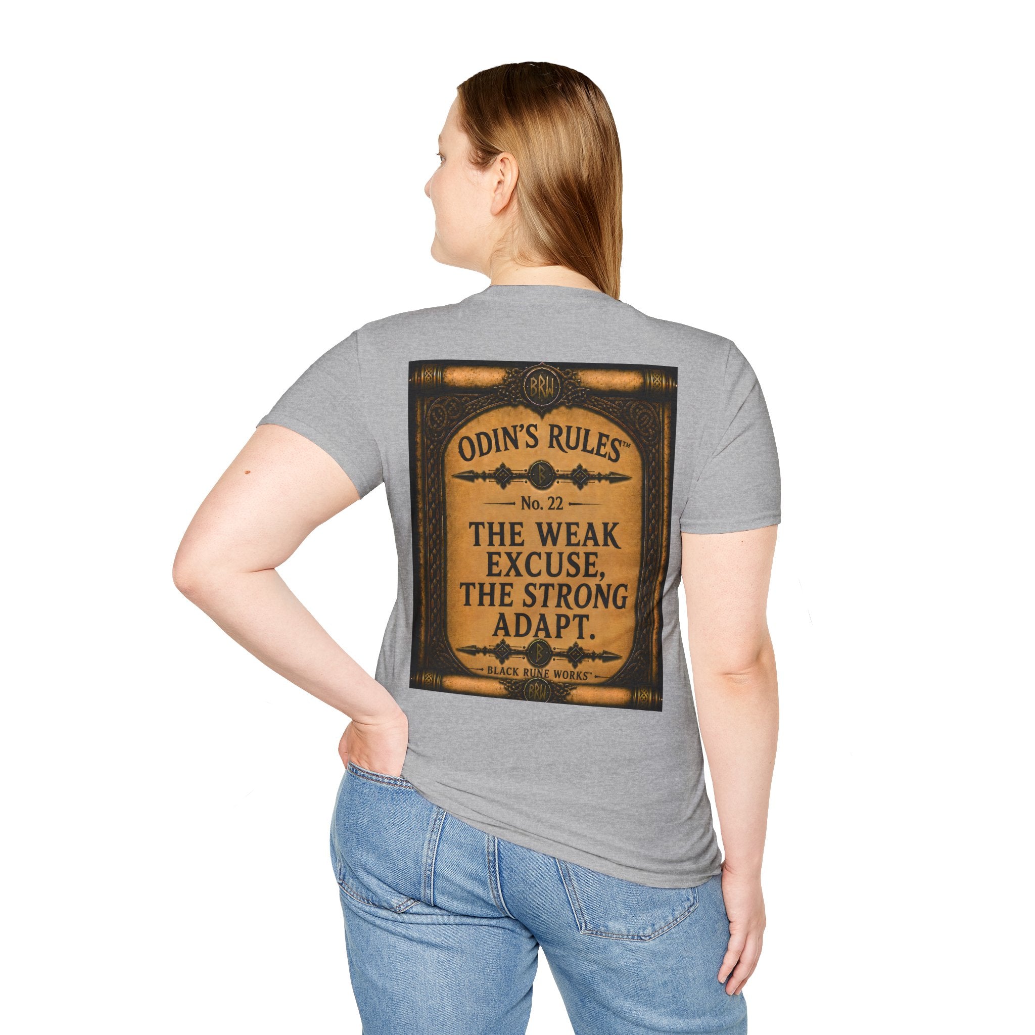 ODIN'S RULES™ No. 22 | The Weak Excuse The Strong Adapt | Viking Scroll Graphic T-Shirt | Black Rune Works