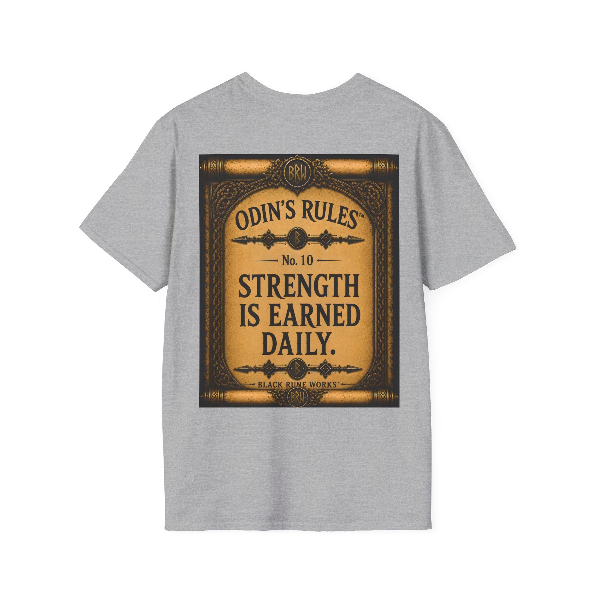 ODIN'S RULES™ No. 10 | Strength Is Earned Daily | Viking Scroll Graphic T-Shirt | Black Rune Works