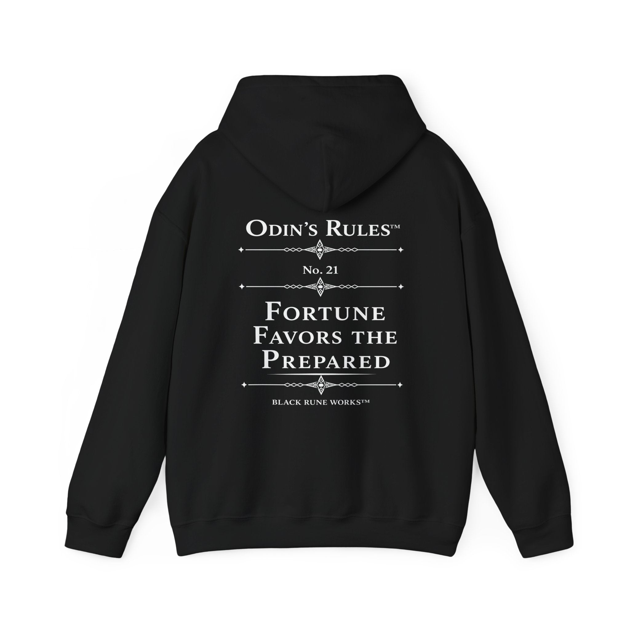 ODIN'S RULES™ Rule #21 | Fortune Favors the Prepared | Viking Norse Warrior Hoodie | Black Rune Works