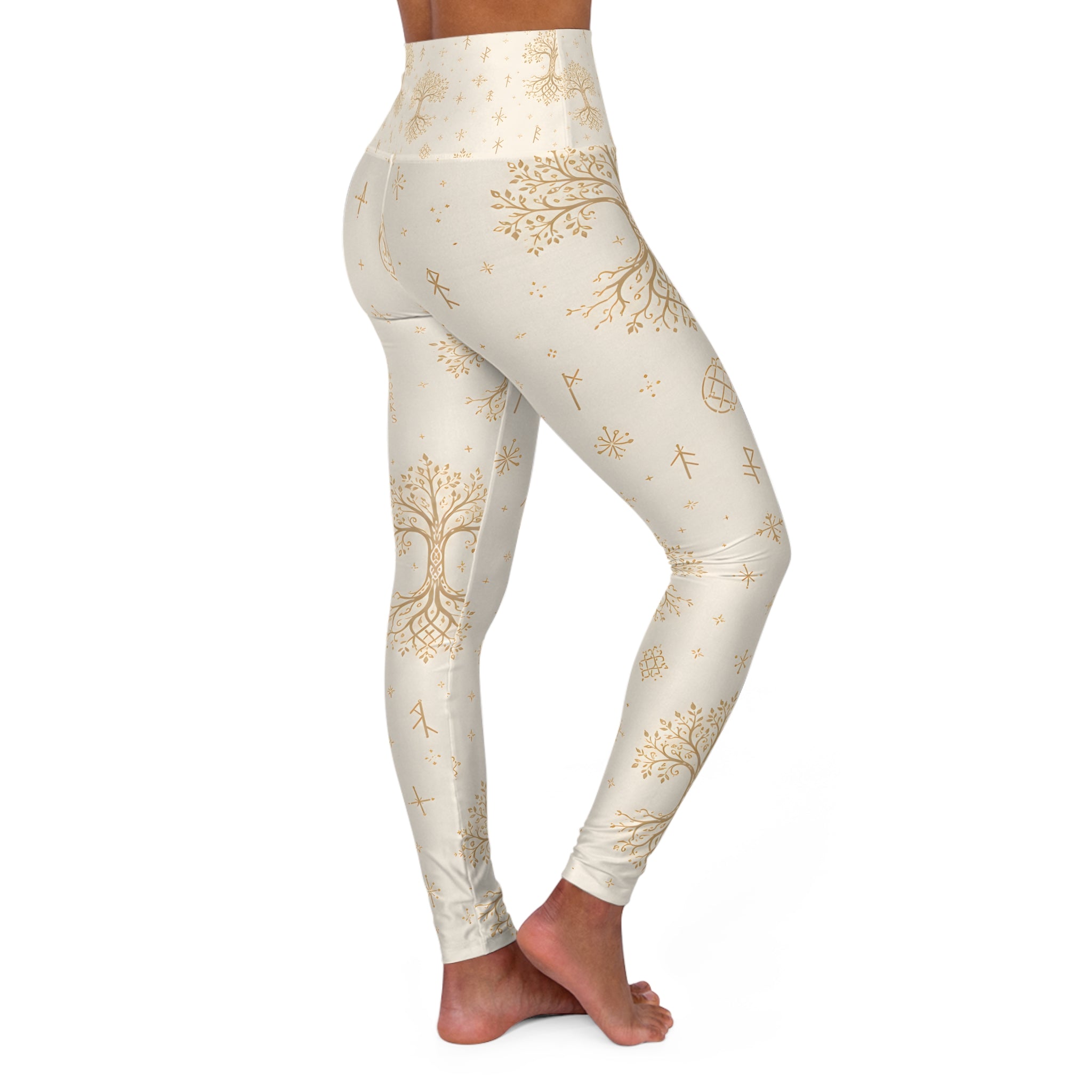 Women’s Yggdrasil High-Waisted Leggings | Cream & Gold Nordic Tree of Life Yoga Pants | Black Rune Works