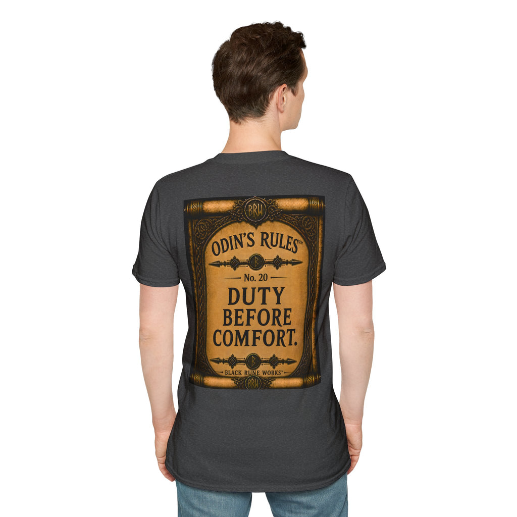 ODIN'S RULES™ No. 20 | Duty Before Comfort | Viking Scroll Graphic T-Shirt | Black Rune Works