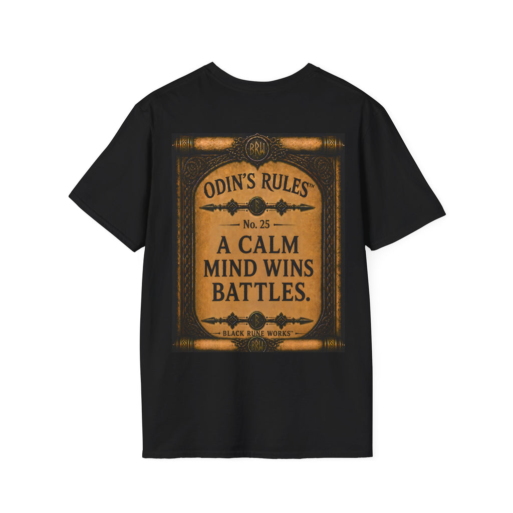 ODIN'S RULES™ No. 25 | A Calm Mind Wins Battles | Viking Scroll Graphic T-Shirt | Black Rune Works