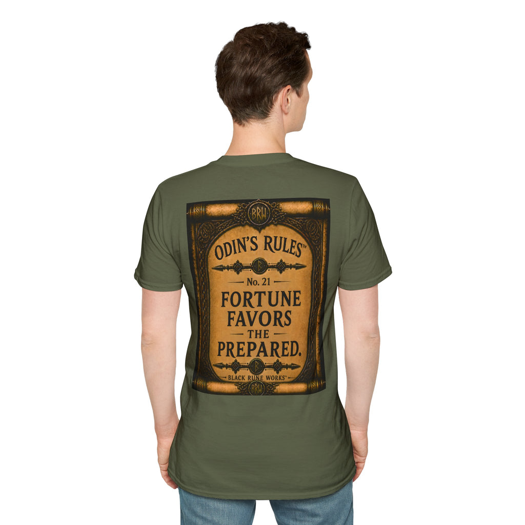 ODIN'S RULES™ No. 21 | Fortune Favors The Prepared | Viking Scroll Graphic T-Shirt | Black Rune Works