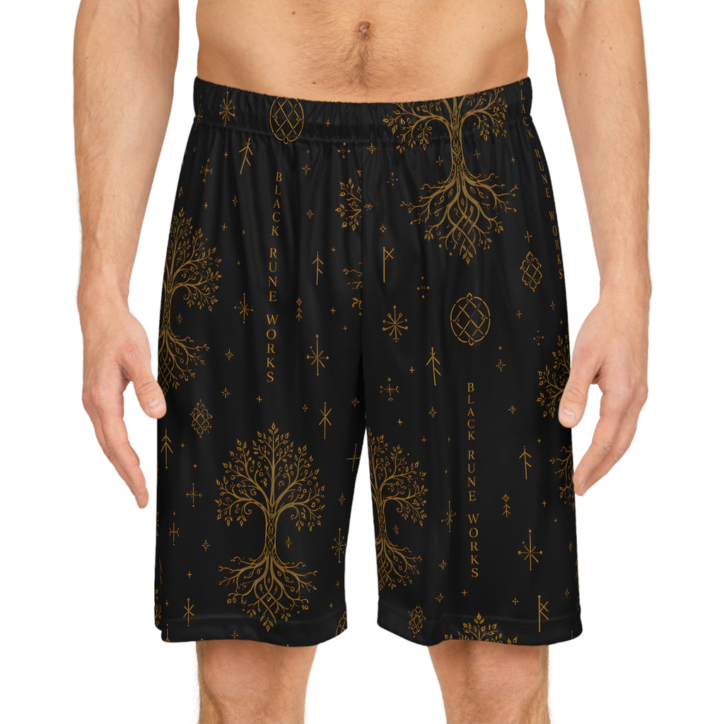 Yggdrasil Tree of Life Basketball Shorts | Black & Gold Nordic Rune Athletic Shorts | Black Rune Works
