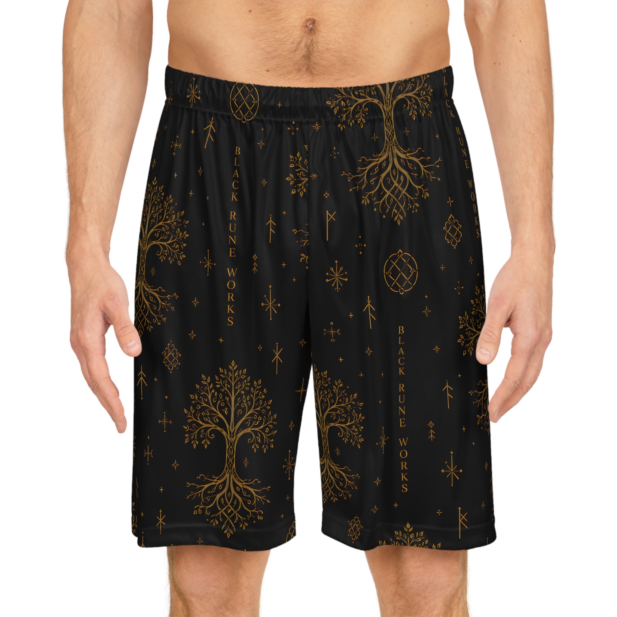 Yggdrasil Tree of Life Basketball Shorts | Black & Gold Nordic Rune Athletic Shorts | Black Rune Works
