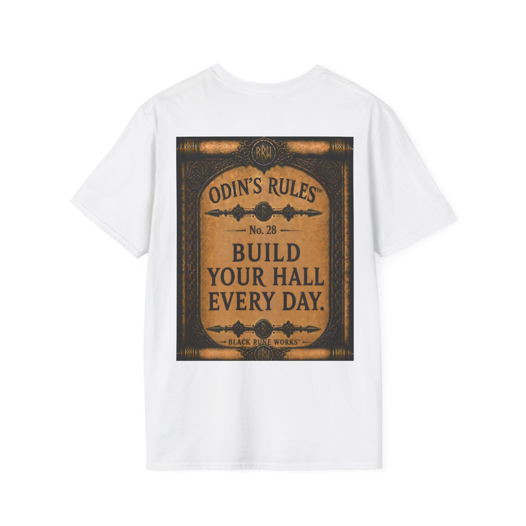 ODIN'S RULES™ No. 28 | Build Your Hall Every Day | Viking Scroll Graphic T-Shirt | Black Rune Works