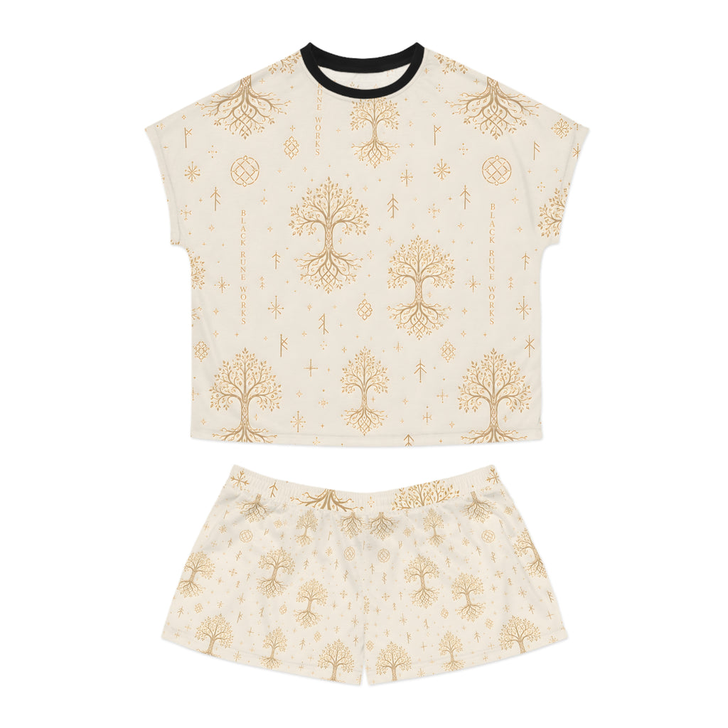 Women’s Yggdrasil Short Pajama Set | Cream & Gold Nordic Tree of Life Sleepwear | Black Rune Works