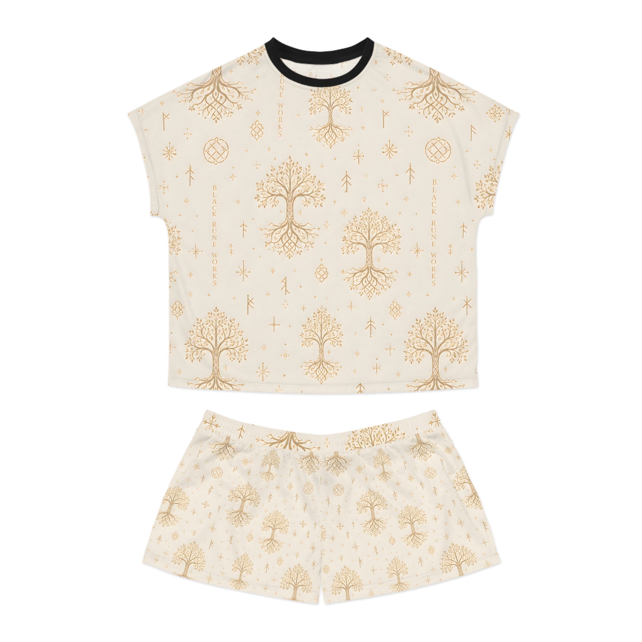 Women’s Yggdrasil Short Pajama Set | Cream & Gold Nordic Tree of Life Sleepwear | Black Rune Works