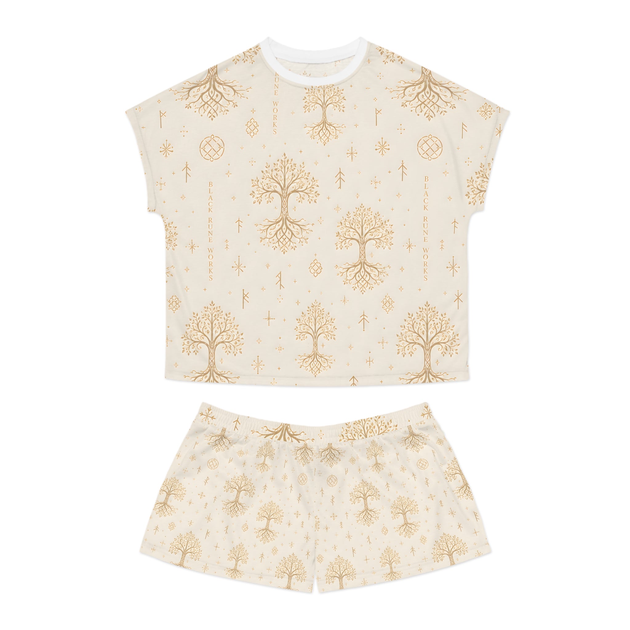 Women’s Yggdrasil Short Pajama Set | Cream & Gold Nordic Tree of Life Sleepwear | Black Rune Works