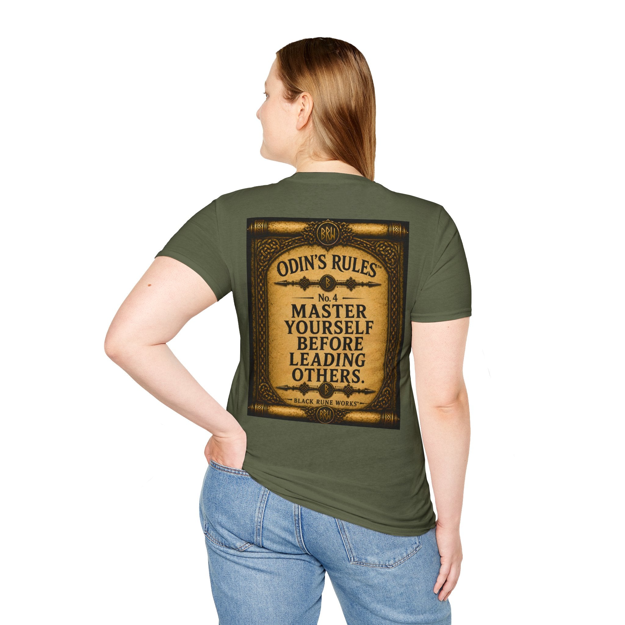 ODIN'S RULES™ No. 4 | Master Yourself Before Leading Others | Viking Scroll Graphic T-Shirt | Black Rune Works