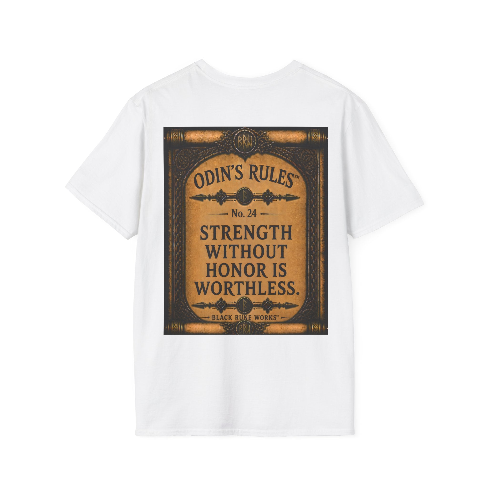 ODIN'S RULES™ No. 24 | Strength Without Honor Is Worthless | Viking Scroll Graphic T-Shirt | Black Rune Works