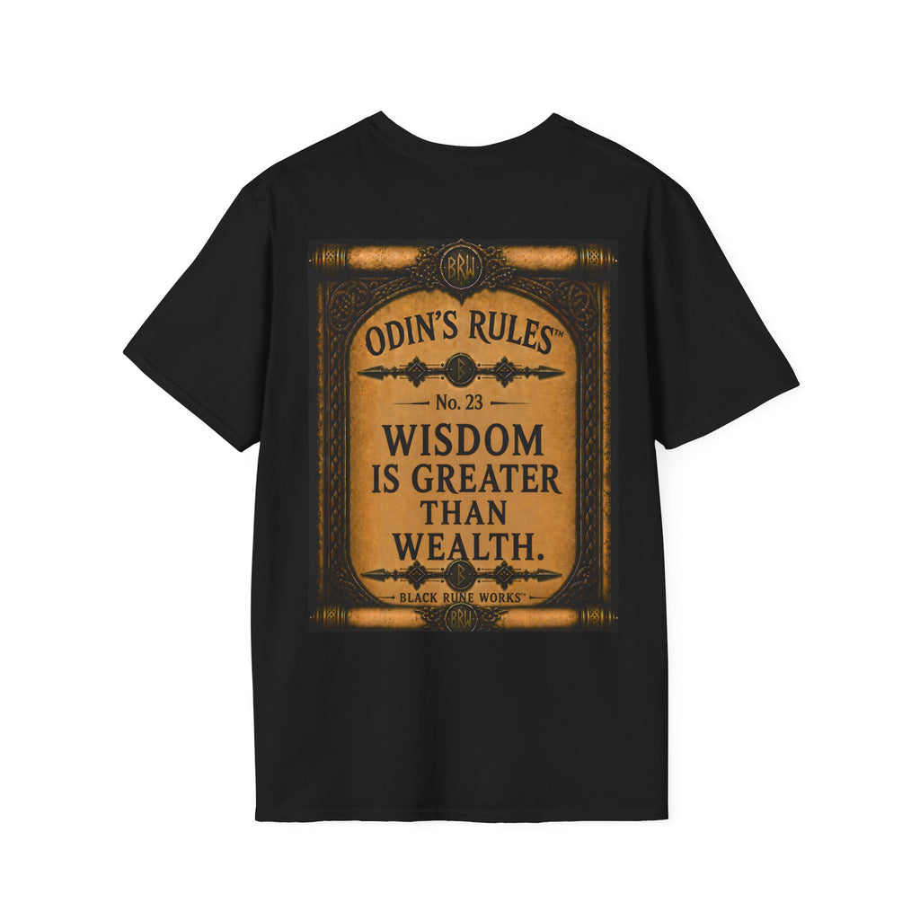 ODIN'S RULES™ No. 23 | Wisdom Is Greater Than Wealth | Viking Scroll Graphic T-Shirt | Black Rune Works