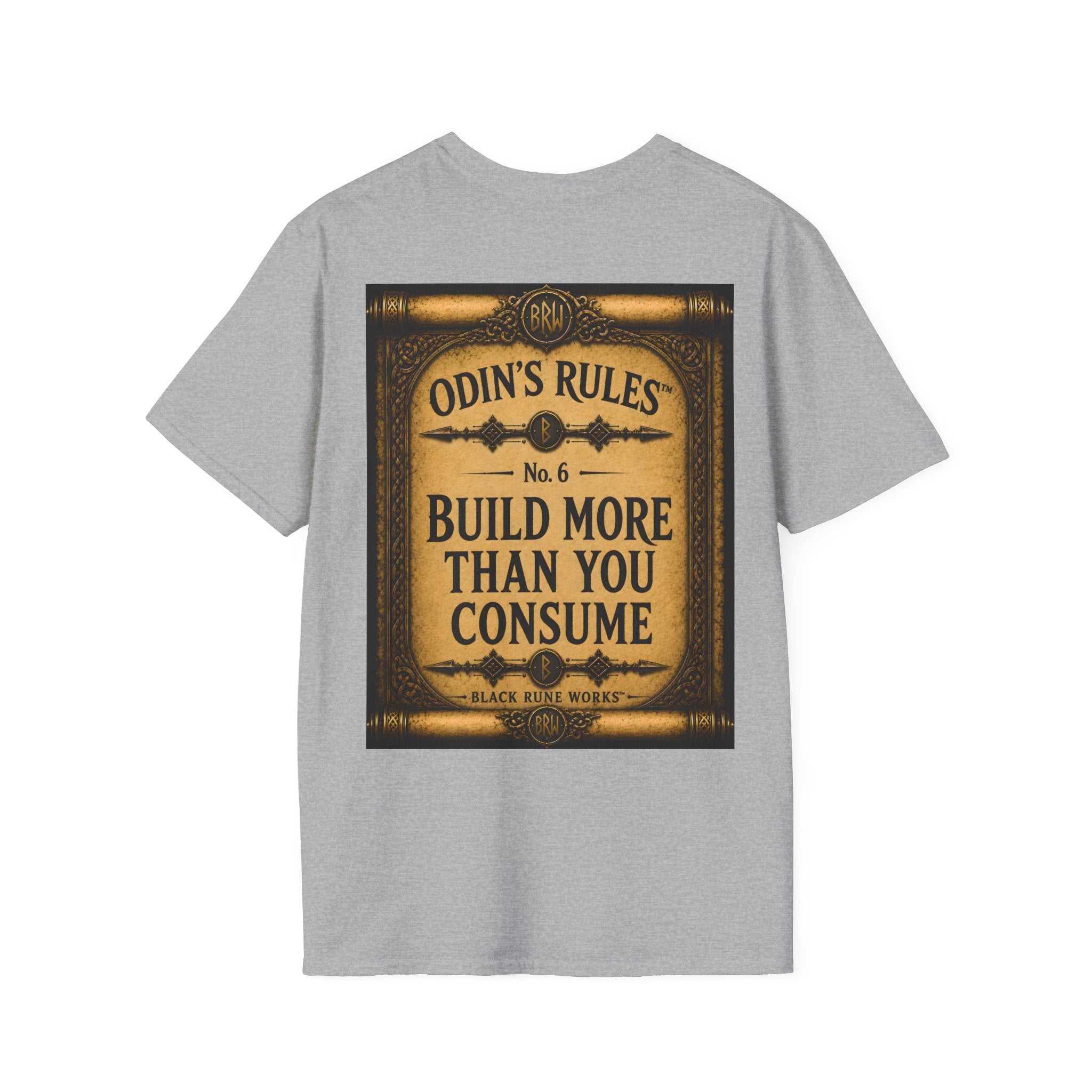 ODIN'S RULES™ No. 6 | Build More Than You Consume | Viking Scroll Graphic T-Shirt | Black Rune Works