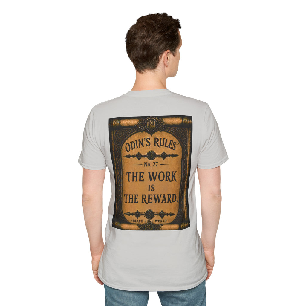 ODIN'S RULES™ No. 27 | The Work Is The Reward | Viking Scroll Graphic T-Shirt | Black Rune Works
