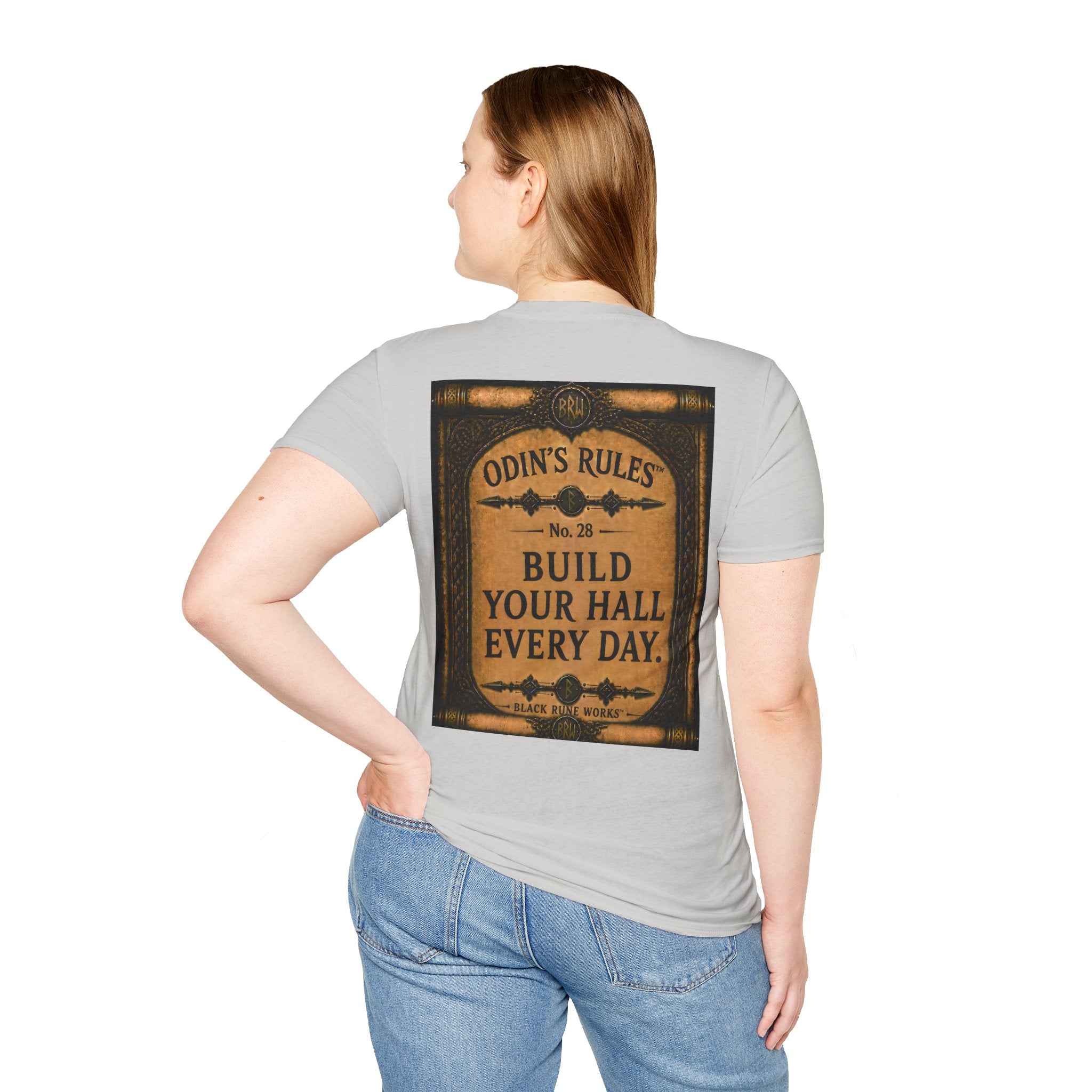 ODIN'S RULES™ No. 28 | Build Your Hall Every Day | Viking Scroll Graphic T-Shirt | Black Rune Works