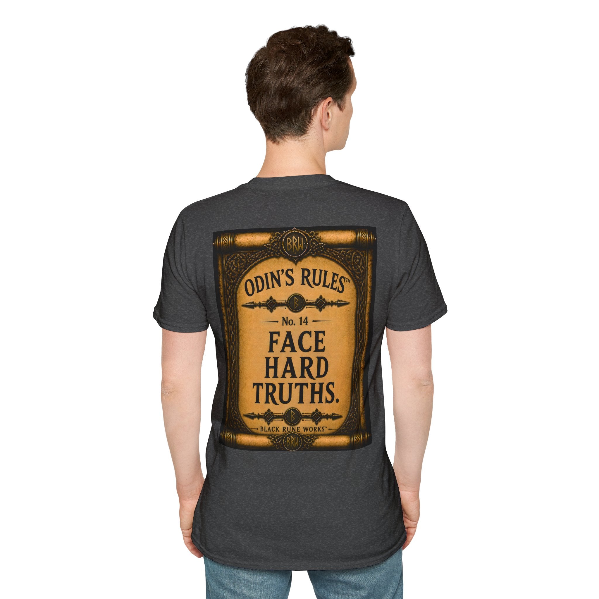 ODIN'S RULES™ No. 14 | Face Hard Truths | Viking Scroll Graphic T-Shirt | Black Rune Works