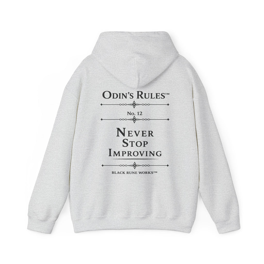 ODIN'S RULES™ Rule #12 | Never Stop Improving | Viking Norse Warrior Hoodie | Black Rune Works
